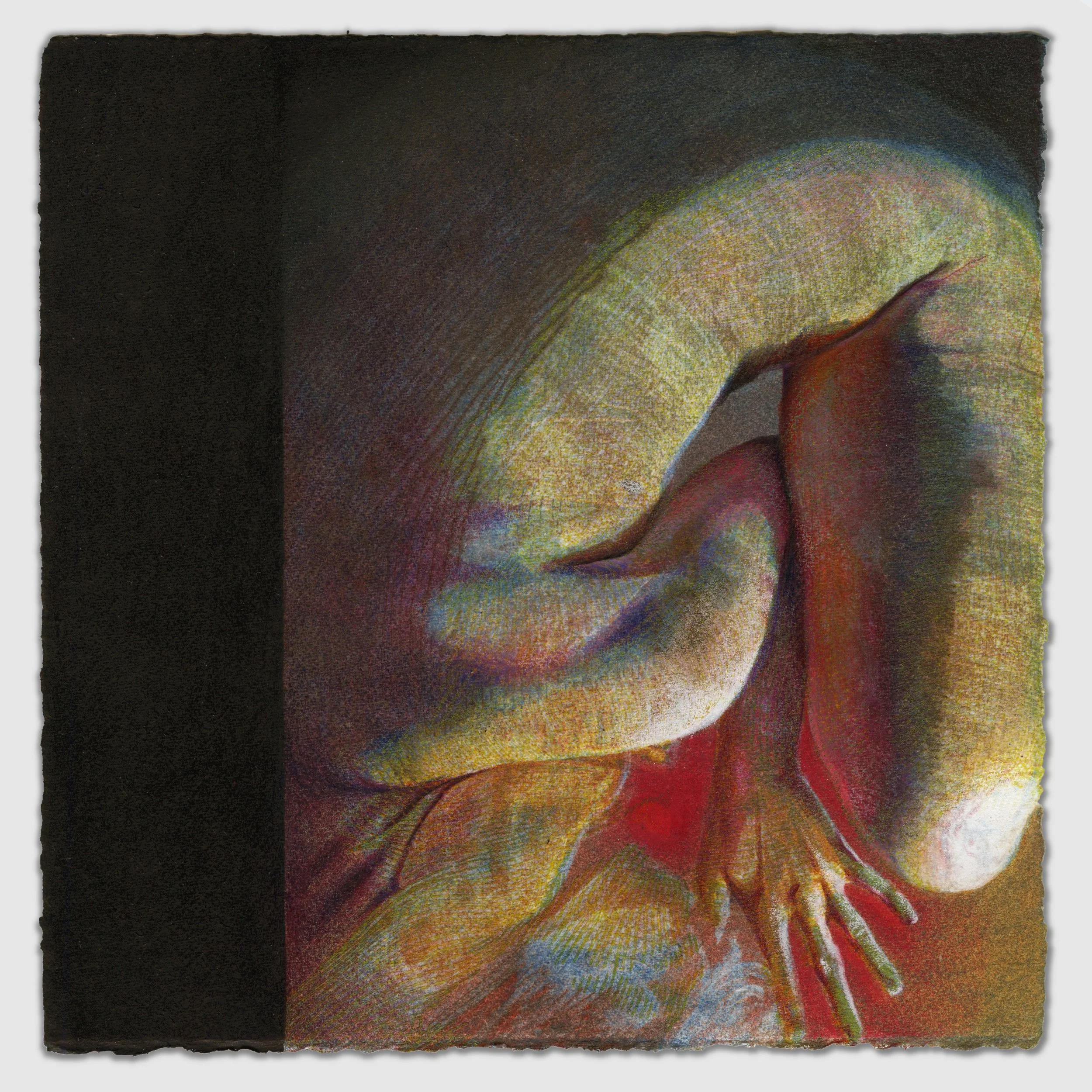 November VII, overprinted silk aquatints with colored pencil and gouache, 6" x 6," 1/1, 2025, sold