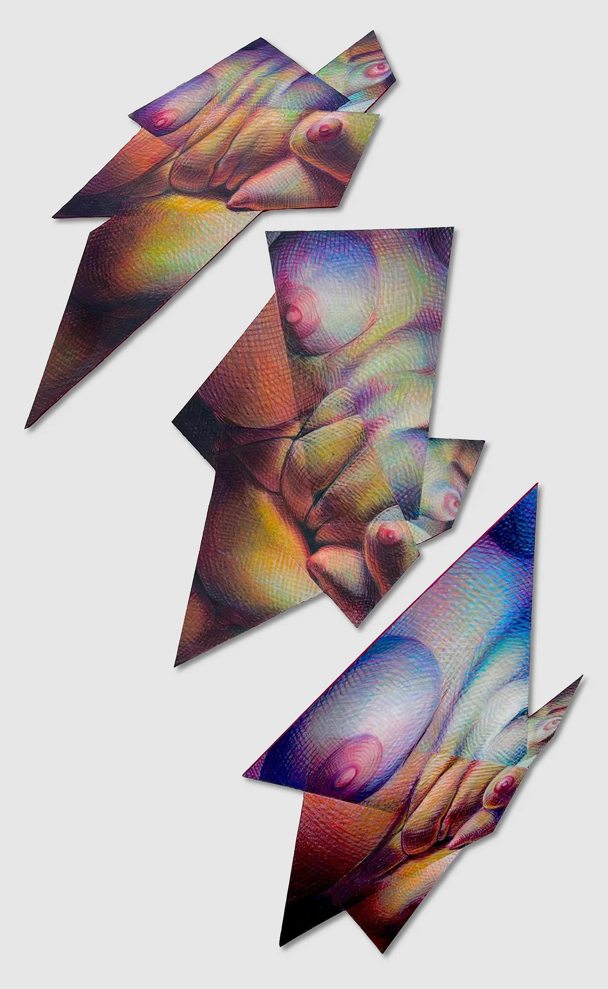 Close to the Matter, acrylic gouache and colored pencil on watercolor paper, mounted on book binding board, 19.5" x 12" (total of three panels), 2024