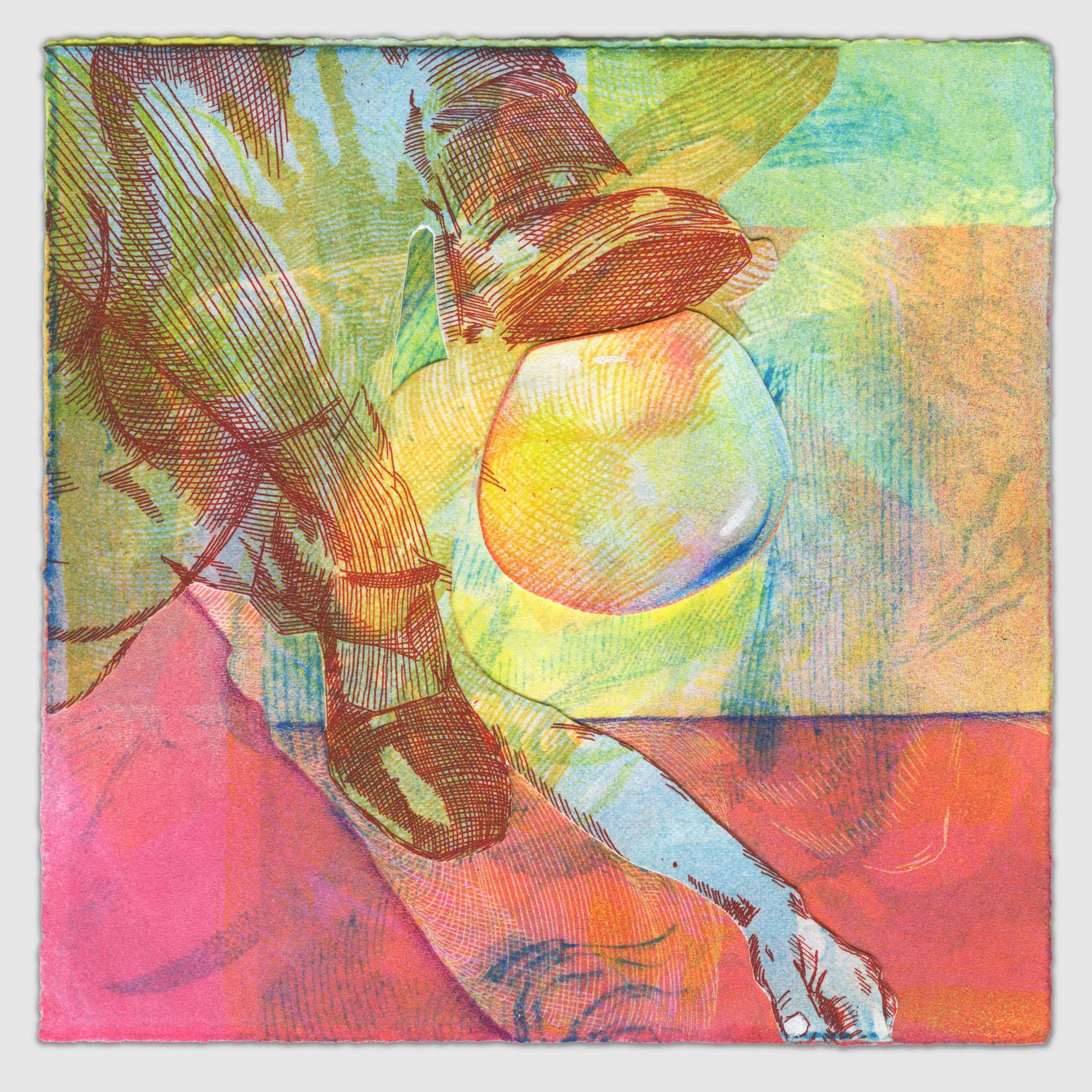 December VII, overprinted etchings and silk aquatint with collage and colored pencil, 6" x 6," 1/1, 2025, sold