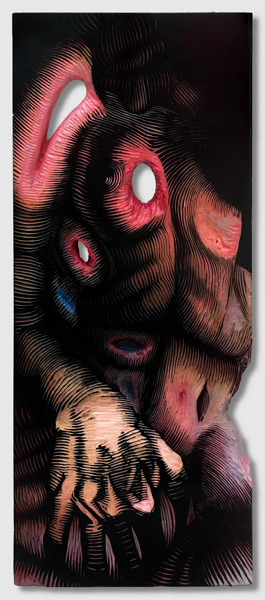 Untitled (reworked wood block), polyurethane and oil based etching ink on carved plywood, 26" x 10.75" x 0.75," 2024