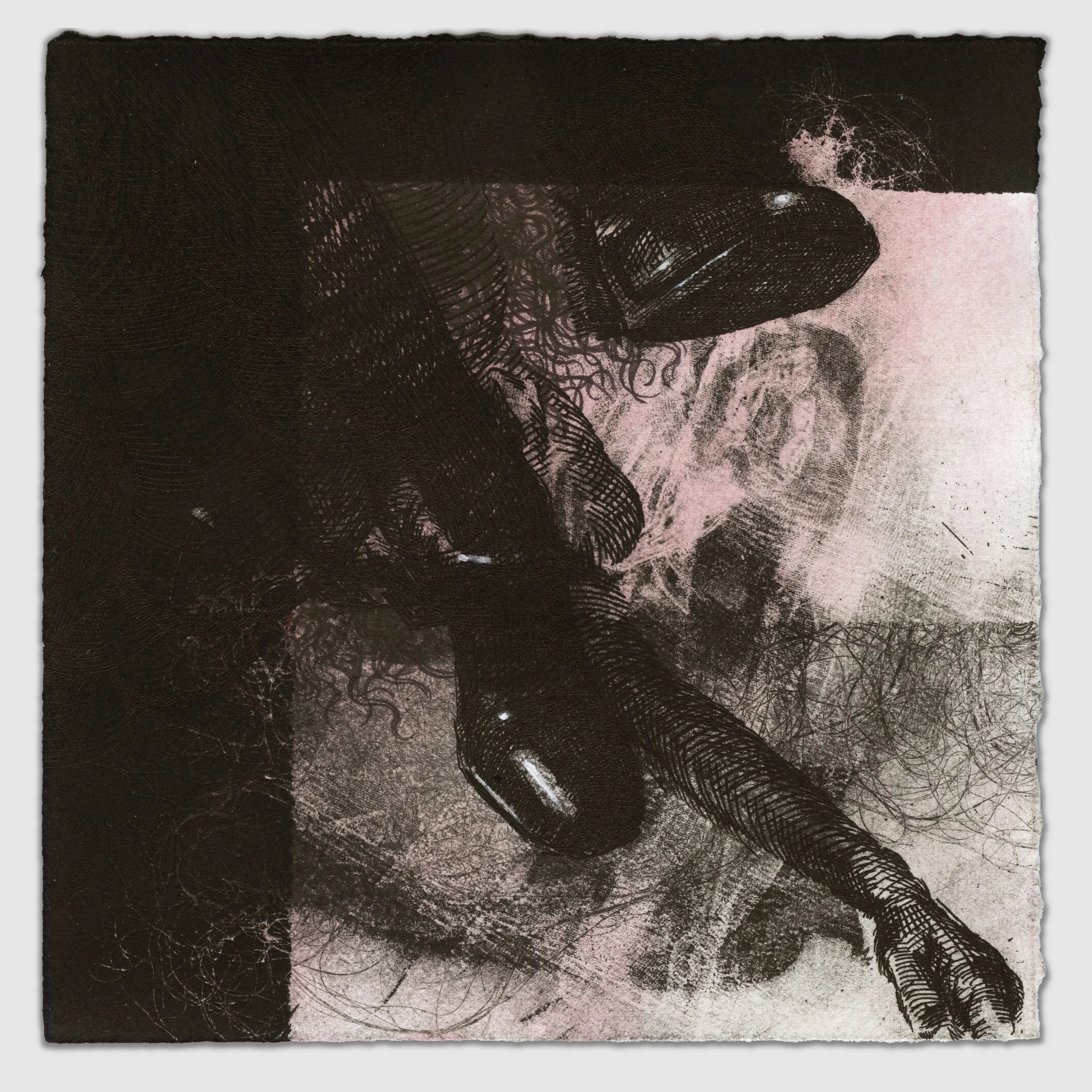 December XVI, overprinted etching and silk aquatint monoprint with hair, gouache, and ink, 6" x 6," 1/1, 2025