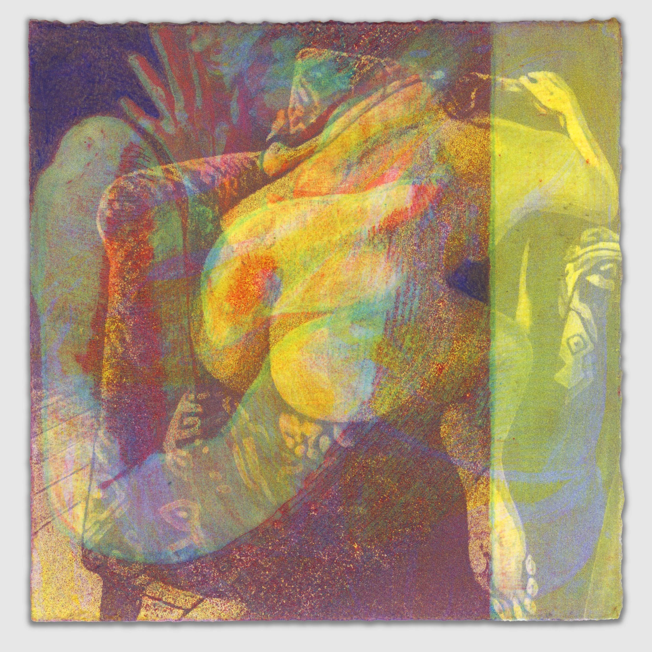 October III, overprinted etching and silk aquatint with colored pencil, 6" x 6," 1/1, 2025, sold