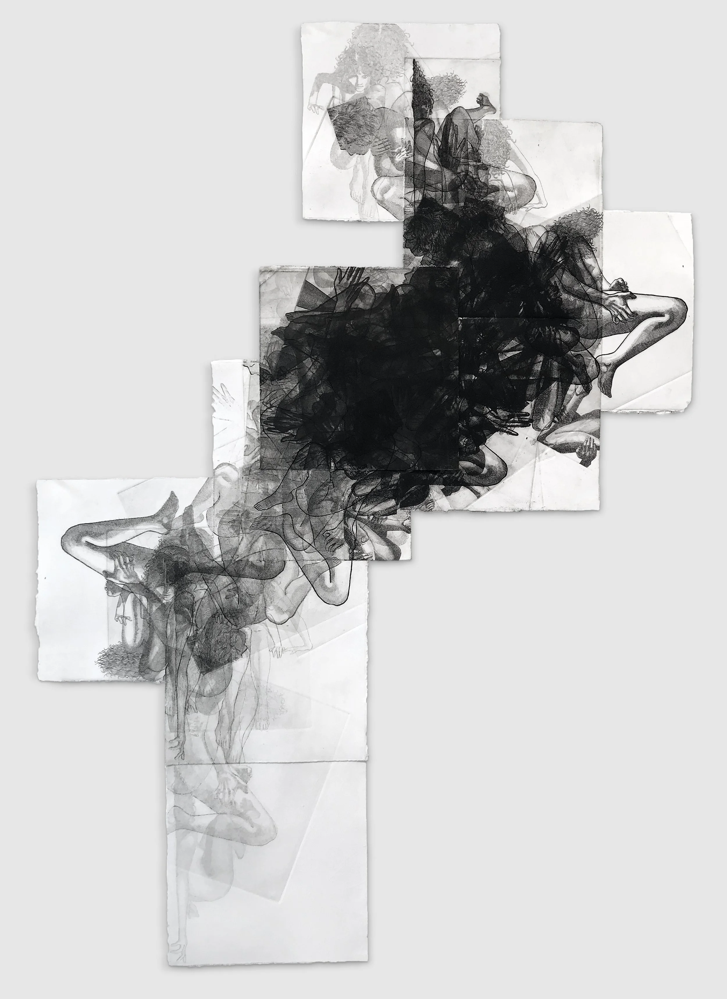 Swarm, collaged etchings, approx. 41" by 27," 2023