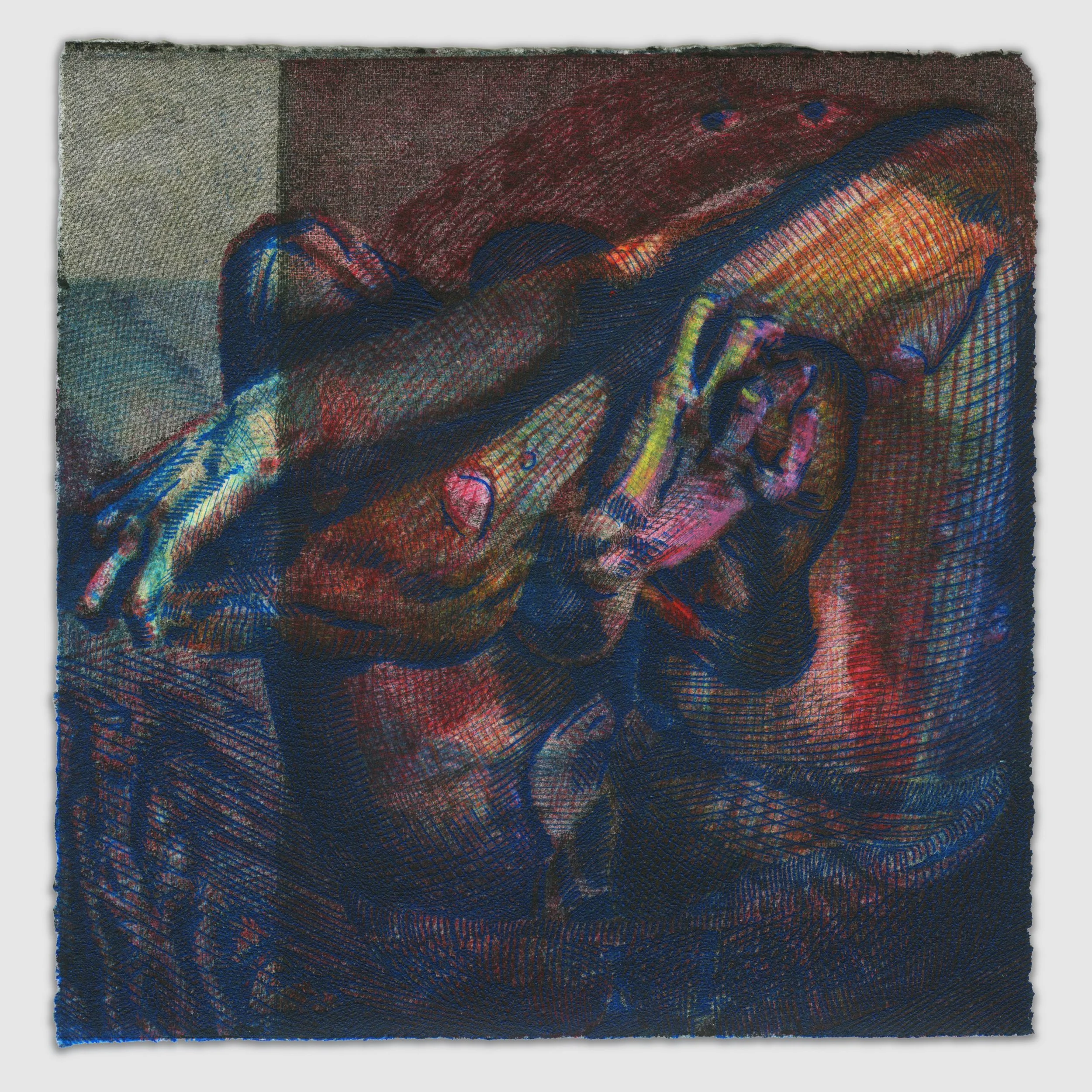 October VII, overprinted etching and silk aquatint with colored pencil, 6" x 6," 1/1, 2025, sold