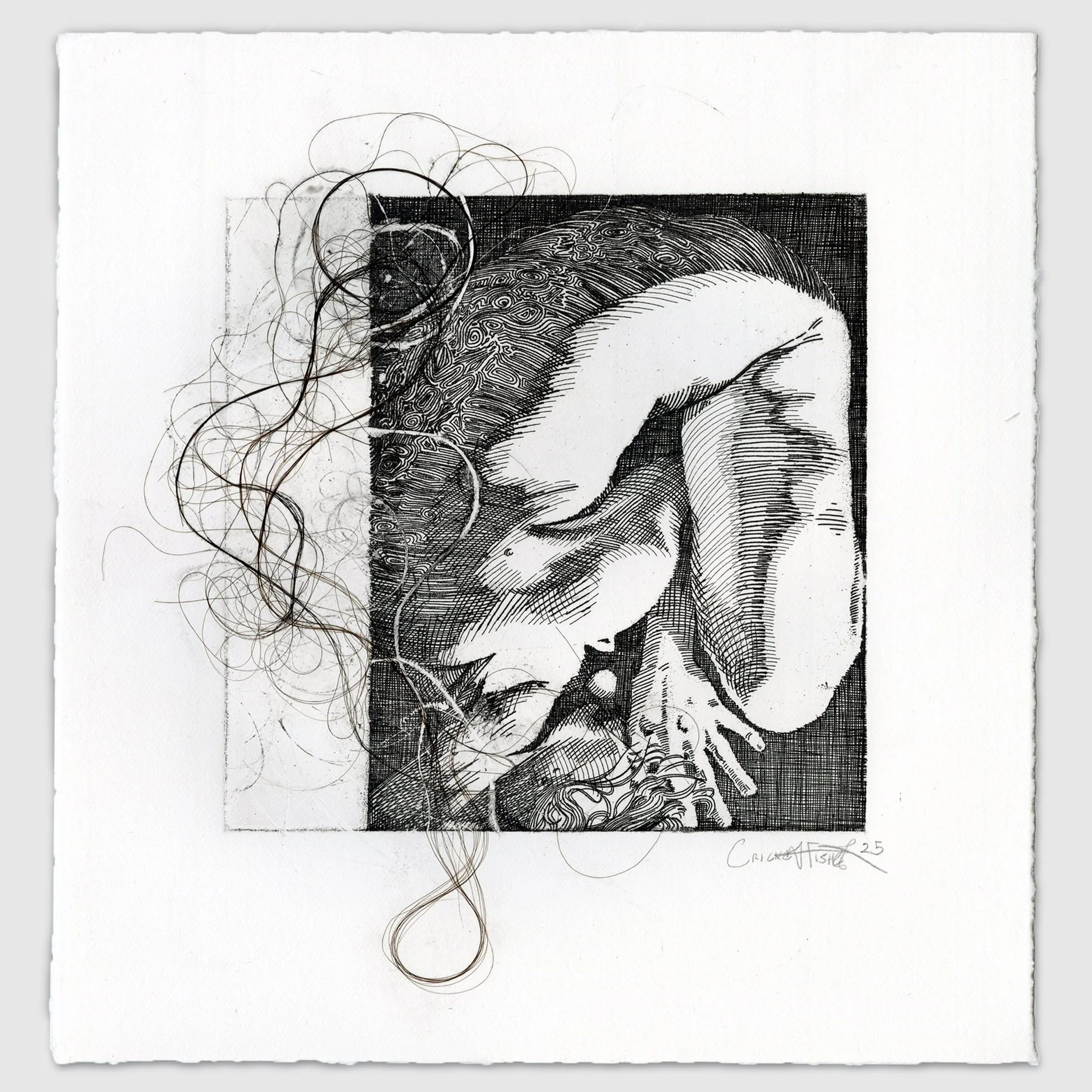 To Disappear I, etching with artist's hair, image size 6" x 6," paper size 9.5" x 9," 2025