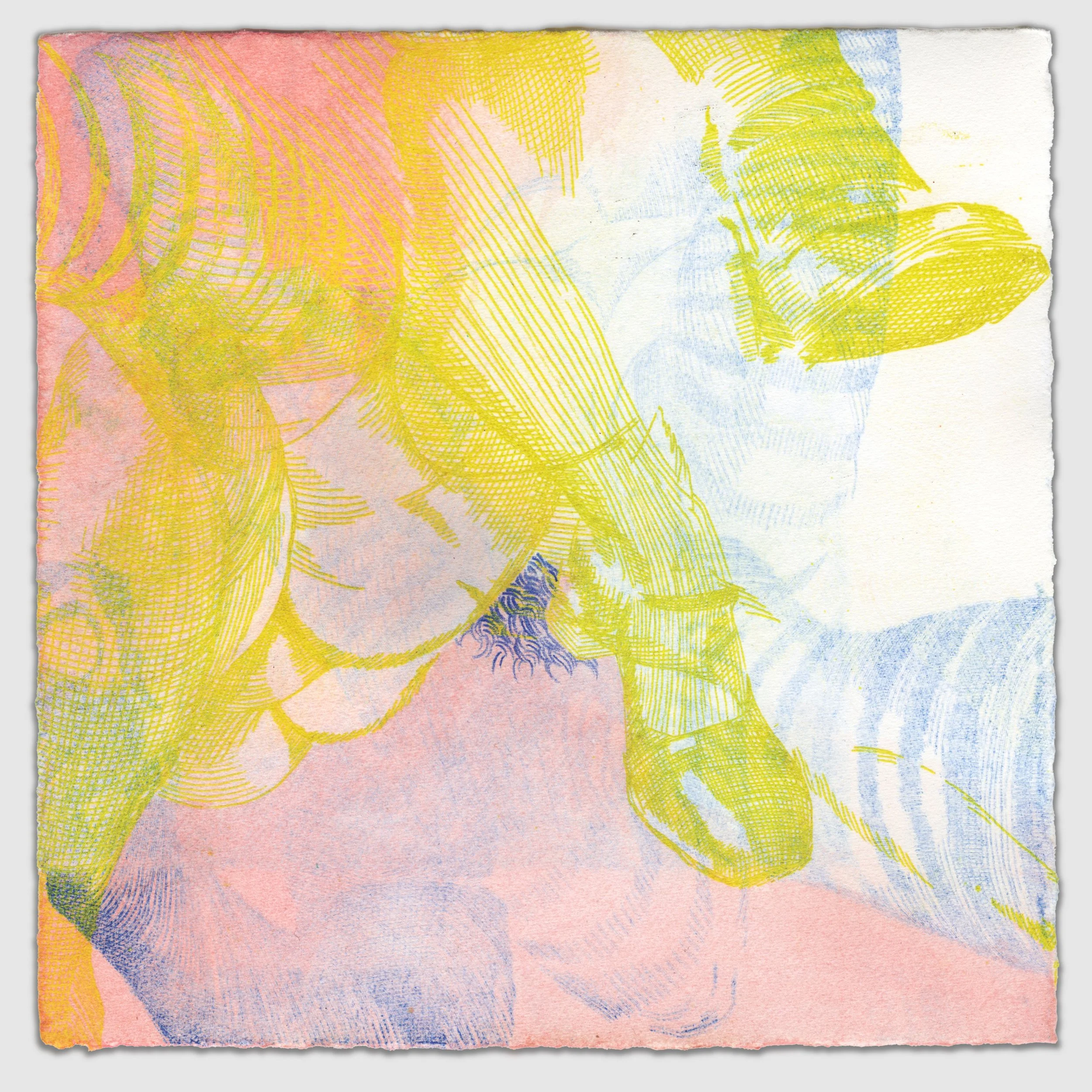 December III, overprinted etchings with colored pencil and gouache, 6" x 6" 1/1, 2025