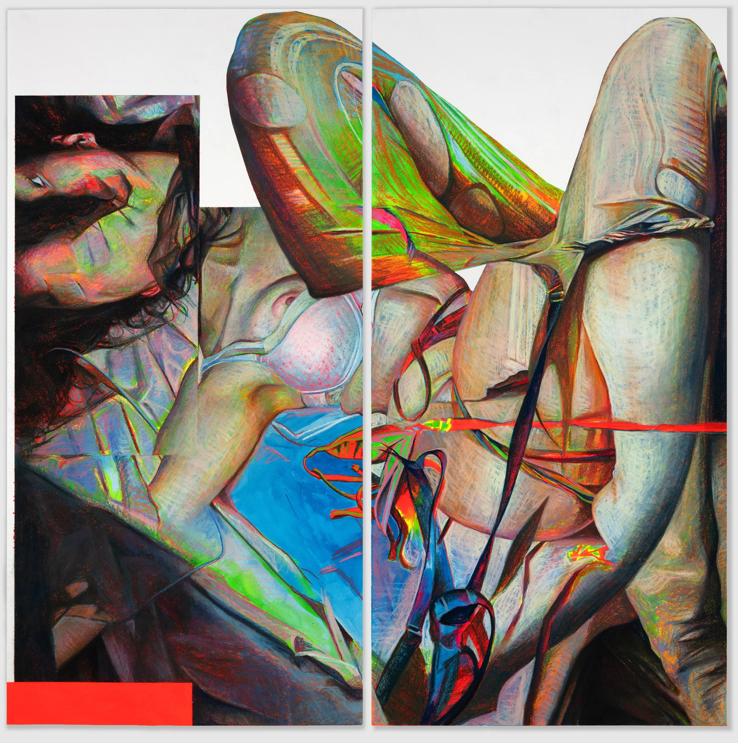 Removing Garter Belt, chalk pastel and acrylic, 40" x 40" diptych, 2026