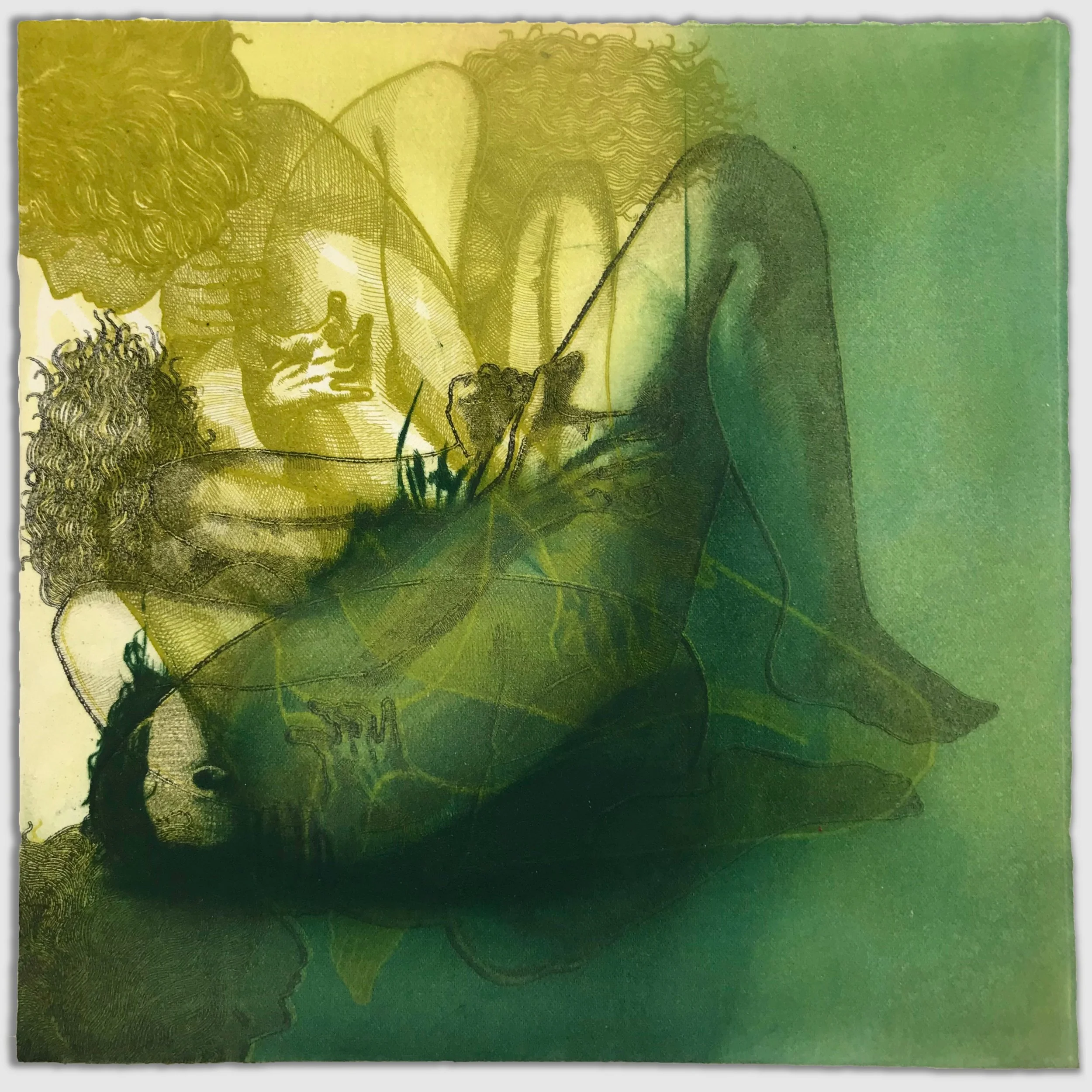 Body Iteration Green, overprinted etchings and drypoint, approx. 9" x 9," 1/1, 2023
