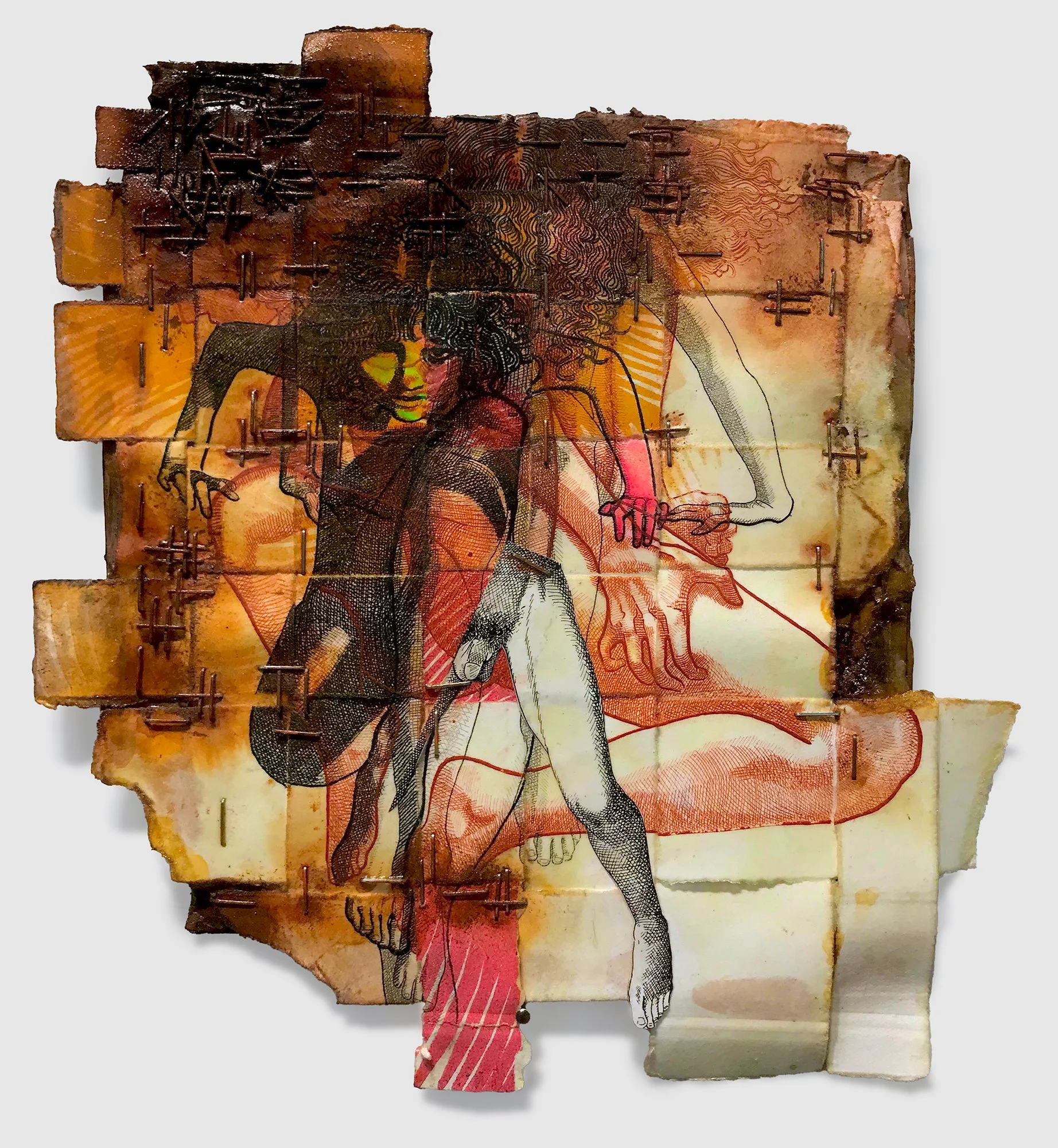 Stings, relief and overprinted etchings on woven paper, colored pencil, cardboard, staples, found collage elements, polyurethane, shellac, 10.5" x 9.5" x 0.5," 2024