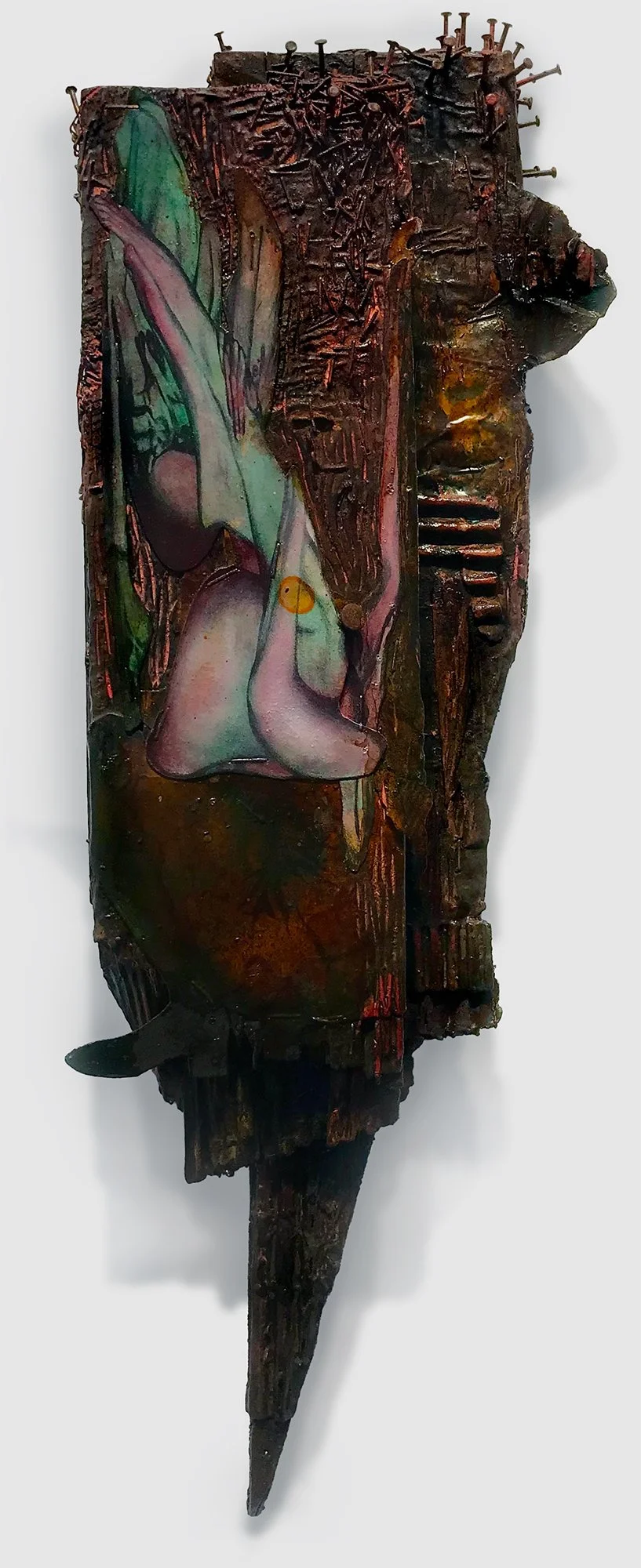 Idol/Bludgeon, photo etching and drypoint mounted on wood, cardboard, staples, nails, rust, gouache, oil based etching ink, shellac, polyurethane, 21" x 7" x 2.5," 2024, sold