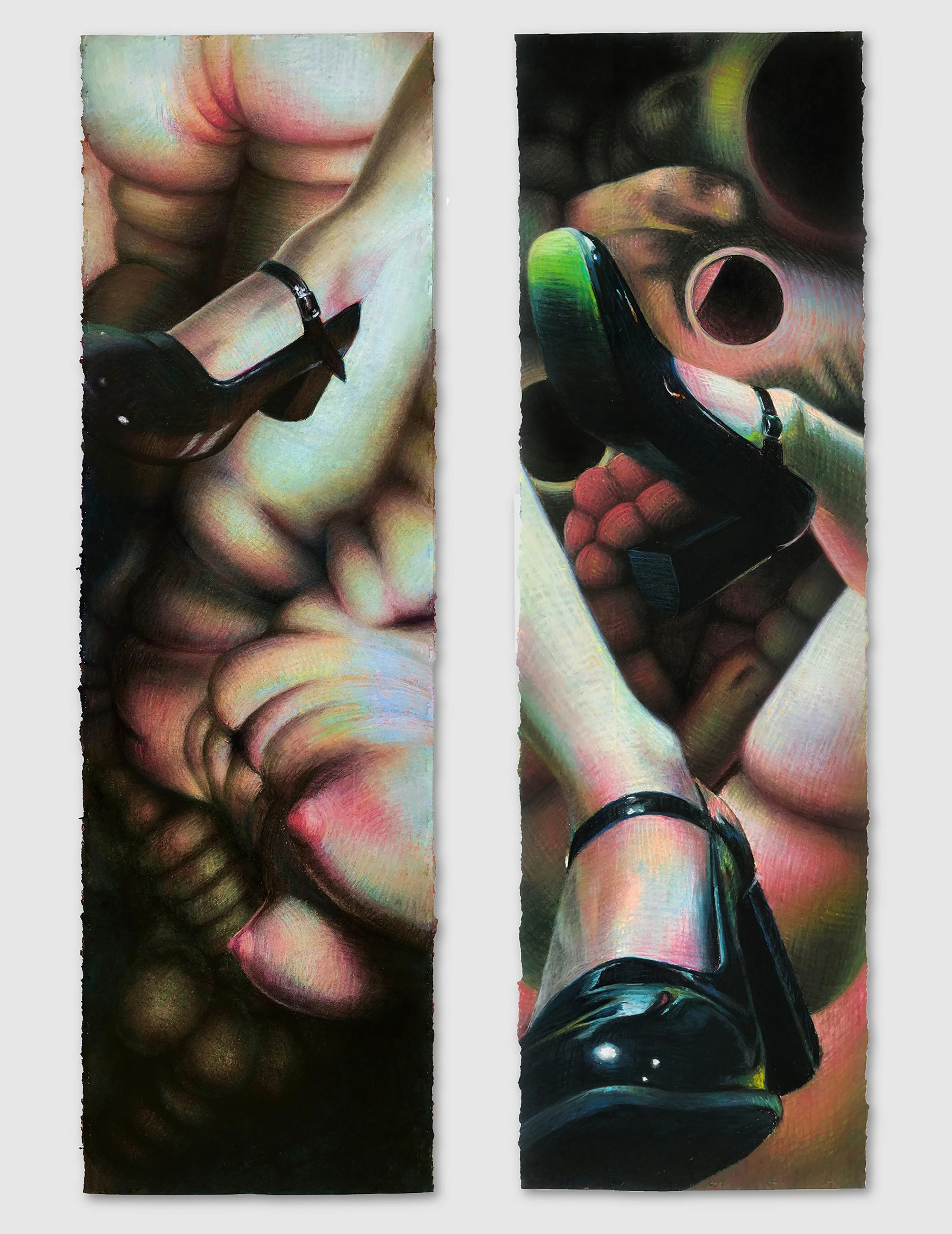 Girl Rearranged, chalk pastel and acrylic gouache, each 44" x 13," 2023