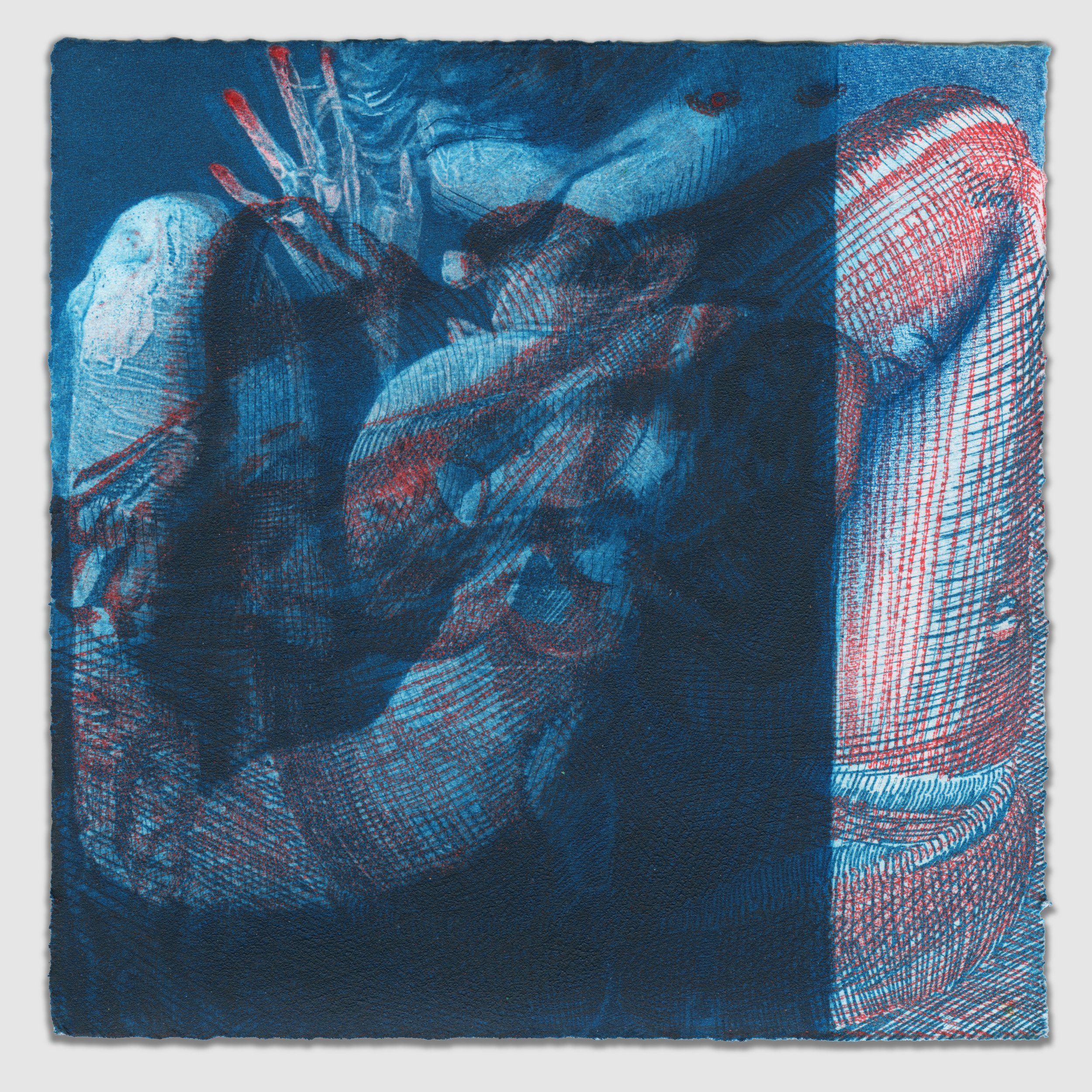 November IV, overprinted etching and silk aquatint with colored pencil, 6" x6," 1/1, 2025