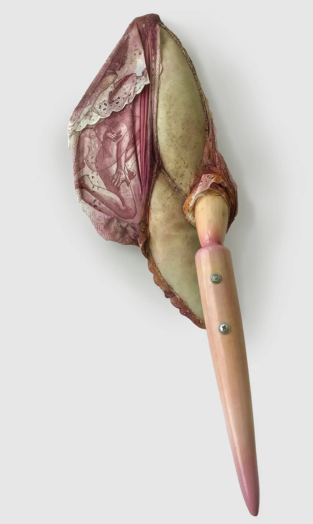 Mandorla, or Wooden Girlfriend II, etchings printed on found textiles, football entrails, posable balljoint appendage made on wood lathe, hardware, oil based etching ink, polyurethane, gouache, rust, 30" x 12" x 12," 2024