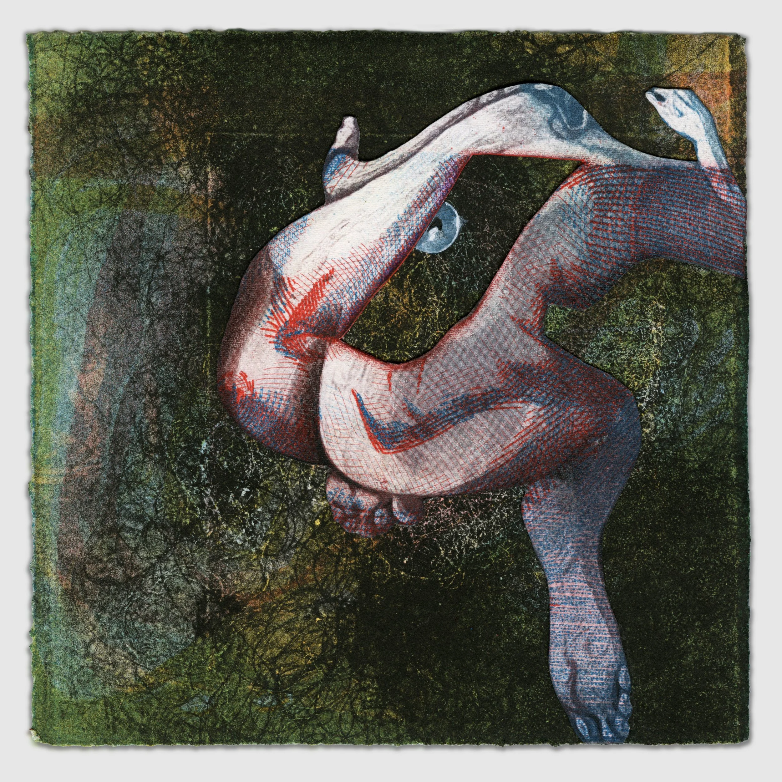 December XI, overprinted etching and silk aquatint with collage and colored pencil, 6" x 6," 1/1, 2025, sold