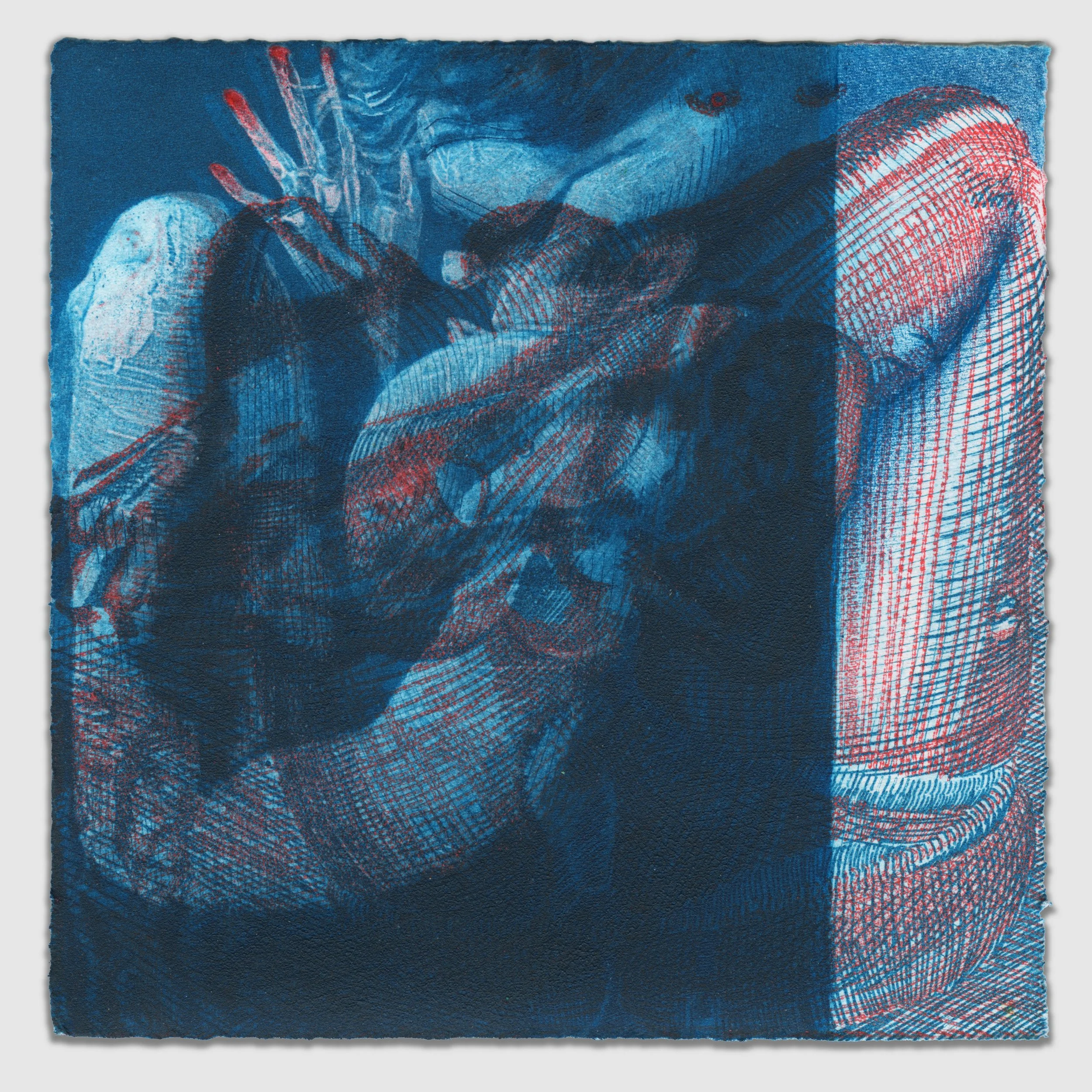 November IV, overprinted etching and silk aquatint with colored pencil, 6" x6," 1/1, 2025, sold