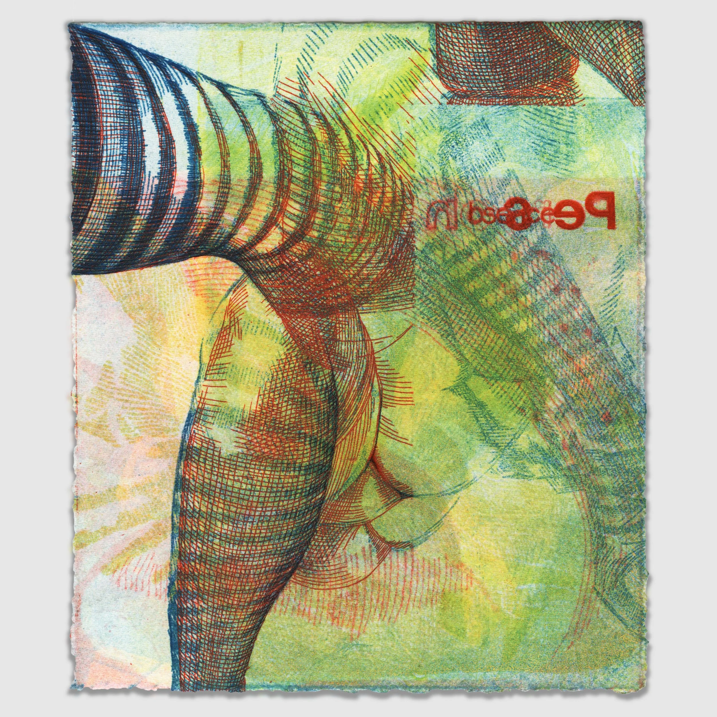 November VIII, overprinted etching and silk aquatint with colored pencil, 6" x 5" 1/1, 2025