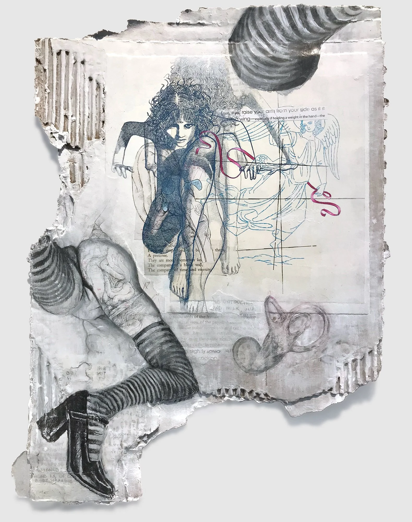 Raise Your Arm From Your Side as if It Were a Wing, etching with found chine collé elements, cardboard, found collage elements, colored pencil, graphite, gesso, 16.5" x 12," 2024
