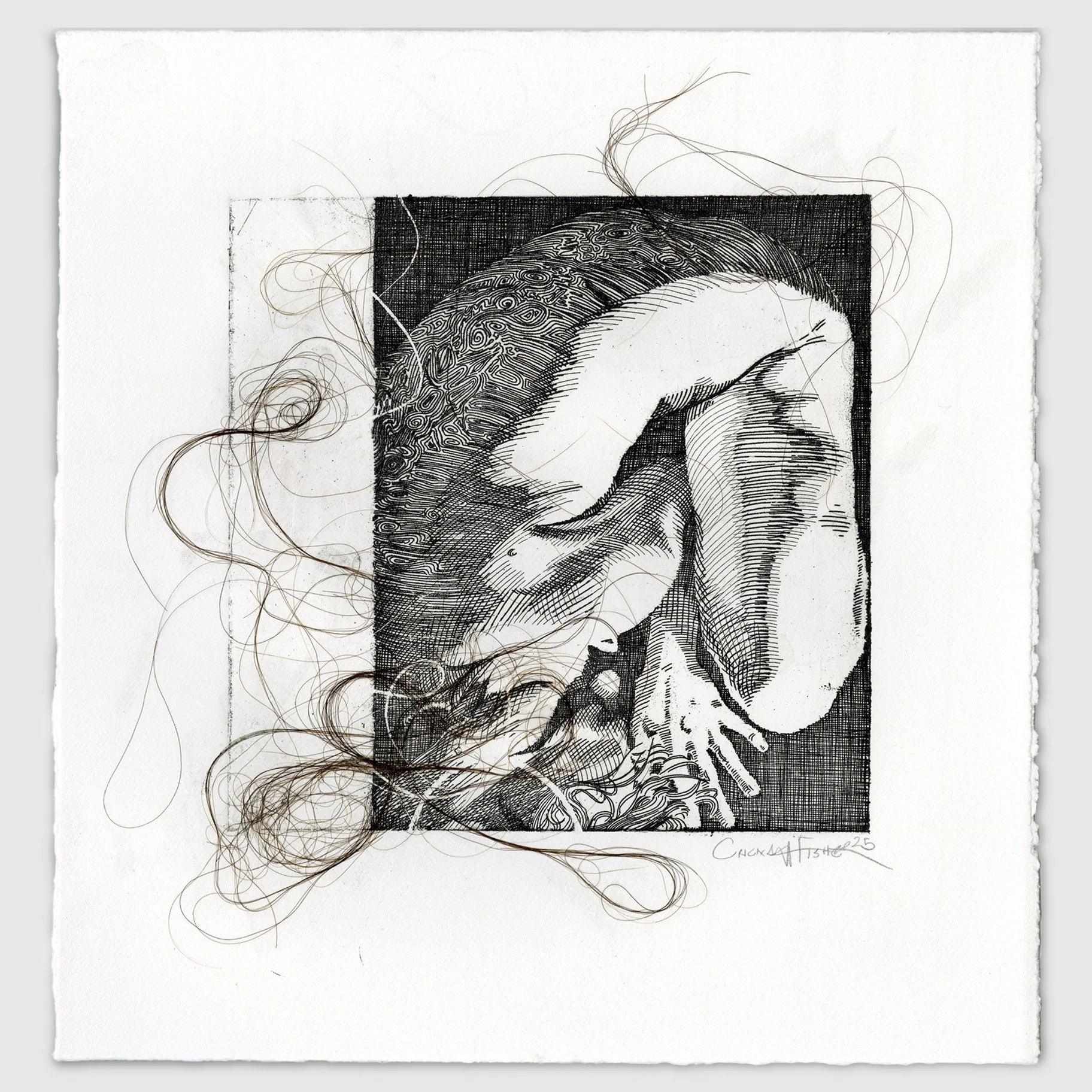 To Disappear II, etching with artist's hair, image size 6" x 6," paper size 9.5" x 9," 2025
