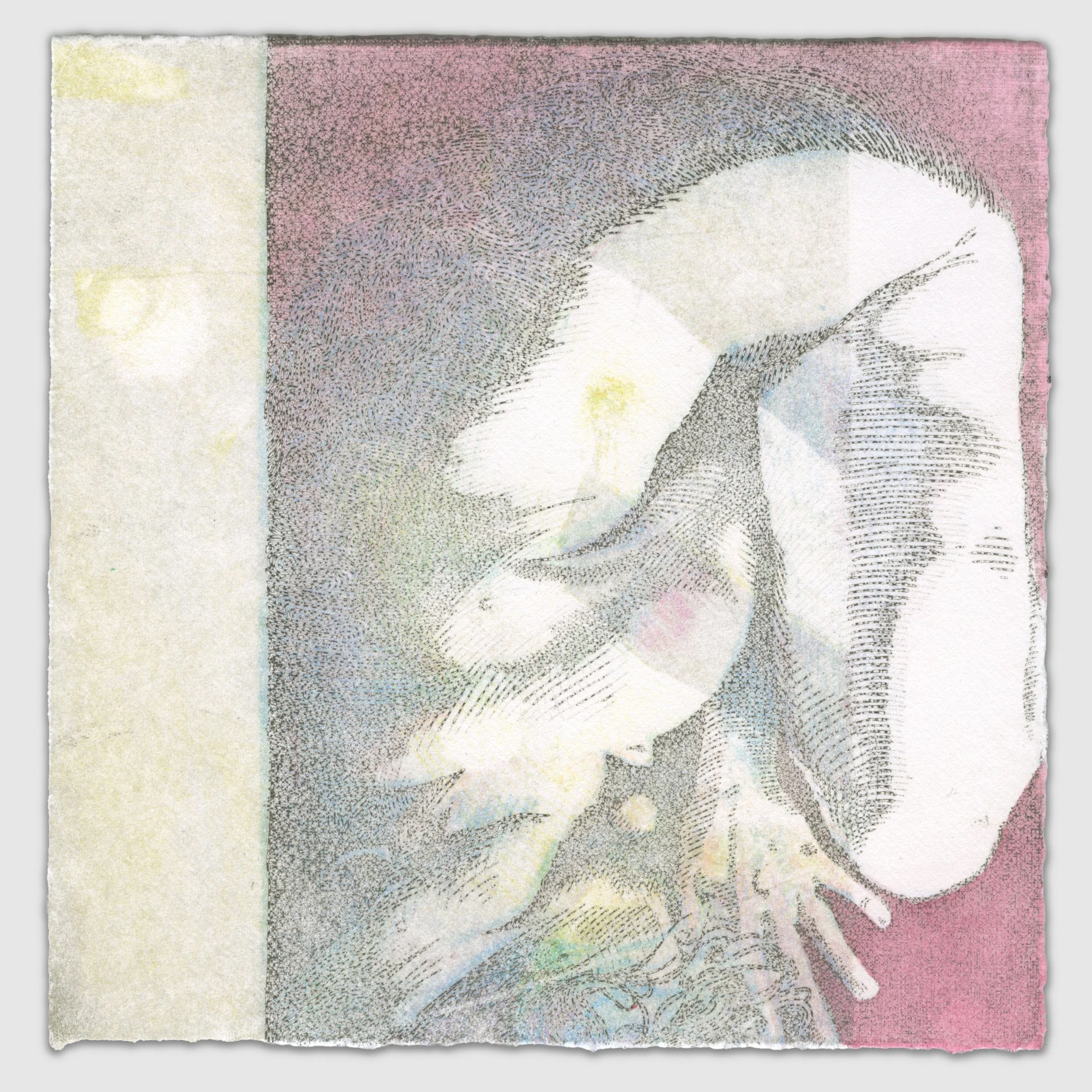October X, overprinted etching and silk aquatint with gouache, 6" x 6," 1/1, 2025, sold
