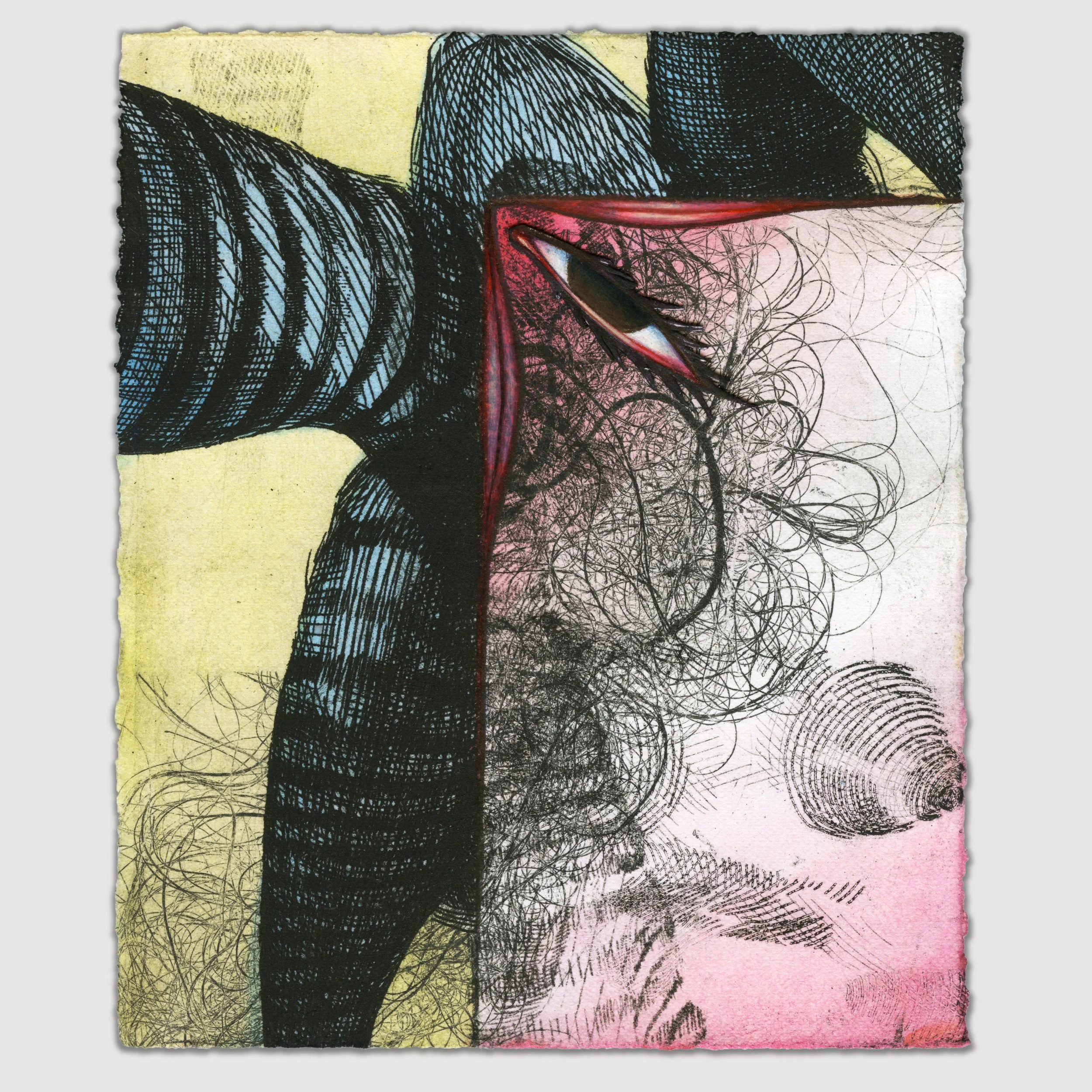 December VI, overprinted etchings with collage, colored pencil, and gouache, 6" x 5," 1/1, 2025