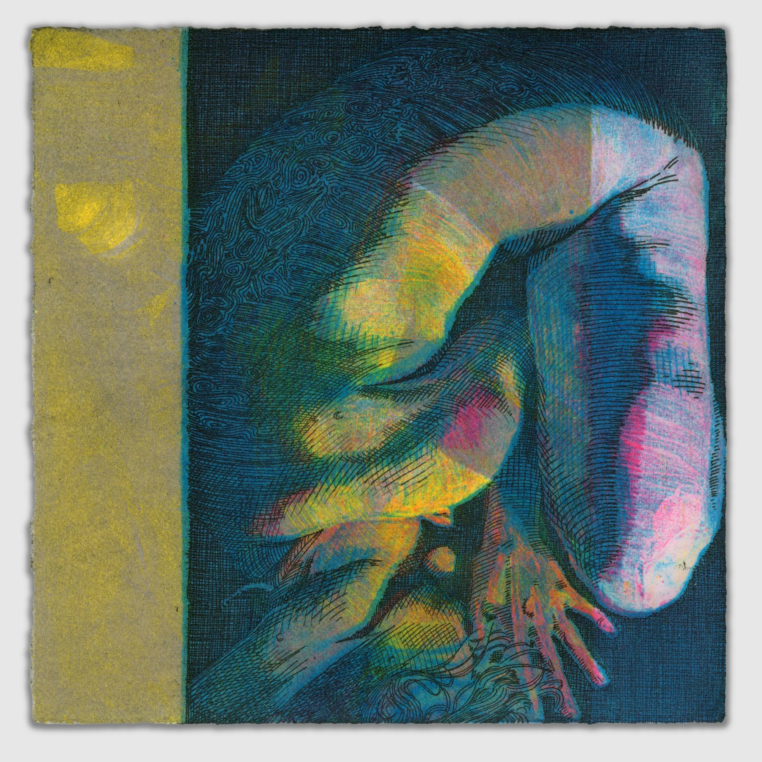 October II, overprinted etching and silk aquatint with colored pencil, 6" x 6," 1/1, 2025