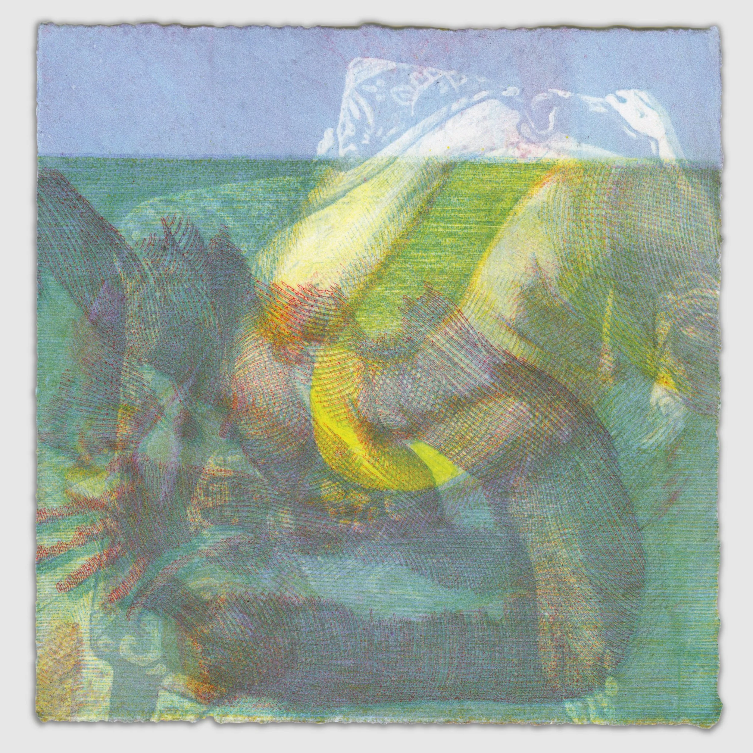 October XVIII, overprinted etching and silk aquatint with colored pencil, 6" x 6," 1/1, 2025, sold