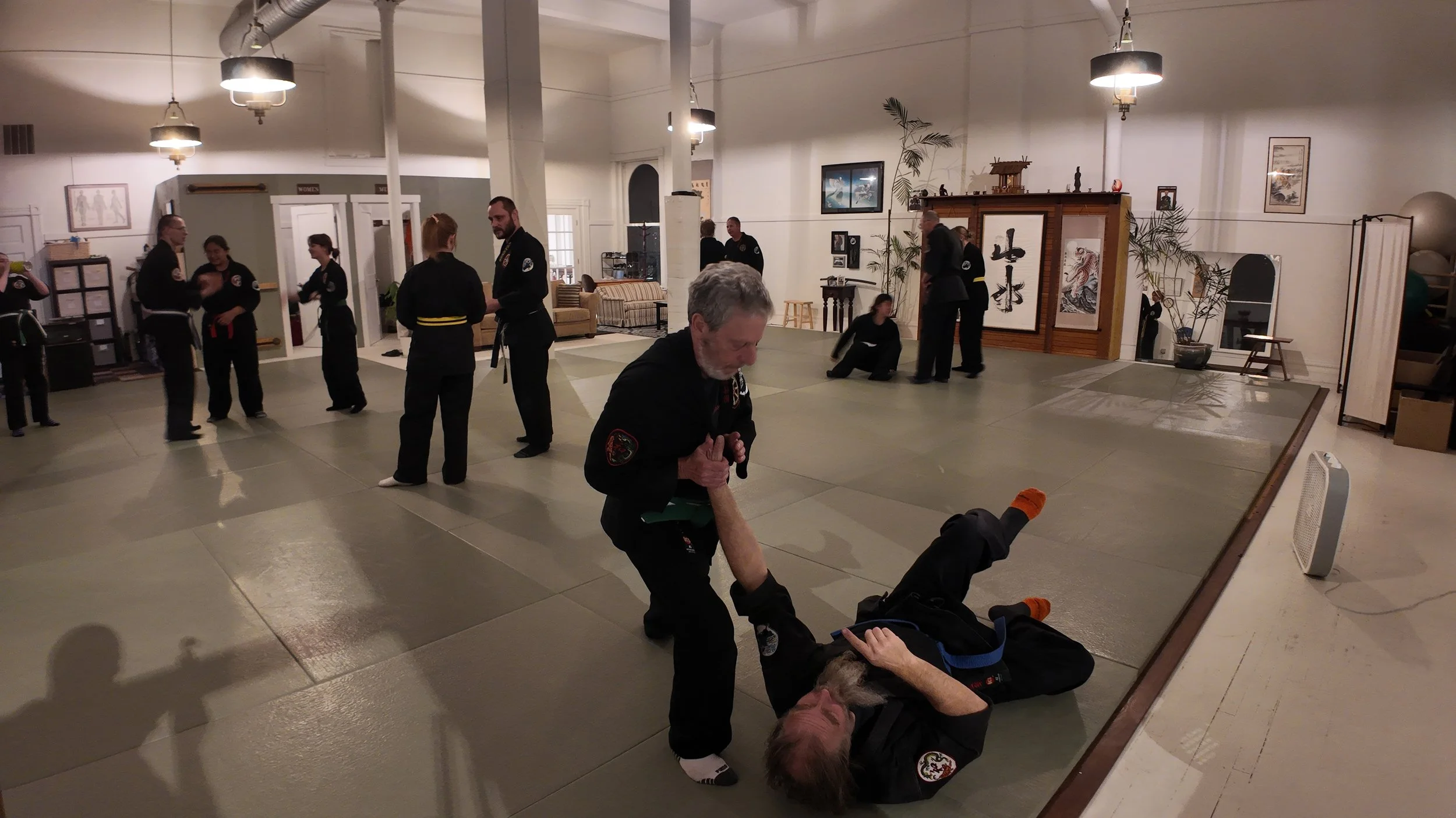 Martial arts training class with students in black uniforms practicing on martial arts mats in a well-lit studio with white walls and Asian artwork in the background. An instructor is holding a student's arm on the floor while others practice in the background.