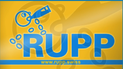Logo  von RUPP Getränke AG in blauer Schrift auf gelbem Hintergrund, darunter die Website www.rupp.swiss.