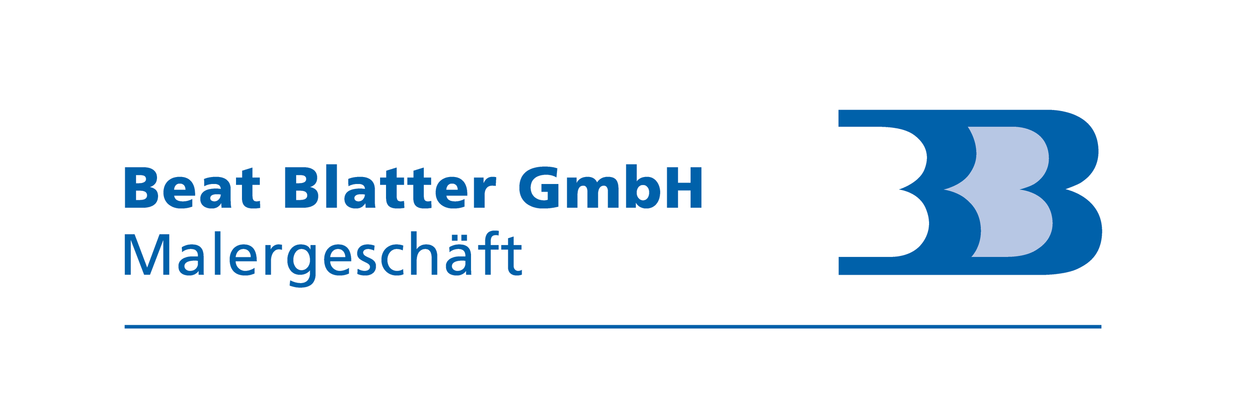 Logo der Firma Beat Blatter GmbH Malergeschäft mit blauer Farbe und stilisiertem Wellenmuster auf weissem Hintergrund.