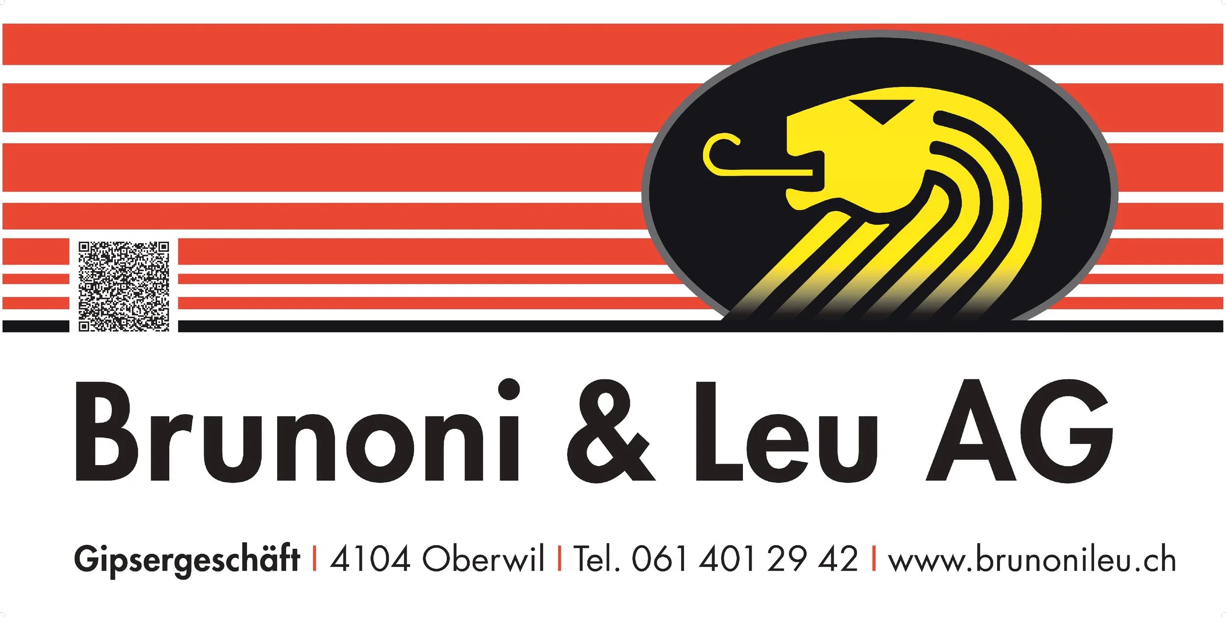 Geschäftslogo der Firma Brunoni & Leu AG mit rotem Streifenhintergrund, schwarzes oval mit gelbem Automobil-Icon, Firmenname und Kontaktdaten darunter.
