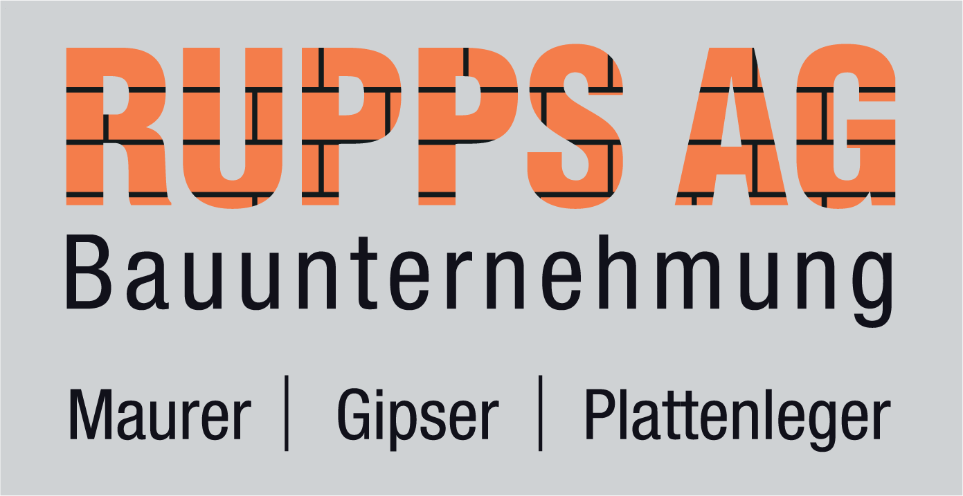 Logo mit Text 'RUPPS AG Bauunternehmung', darunter 'Maurer | Gipser | Plattenleger' auf hellgrauem Hintergrund.