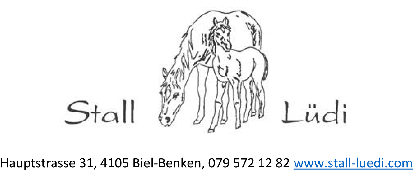 Logo von Stall Lüdi mit Pferden, Adresse sowie Website darunter.