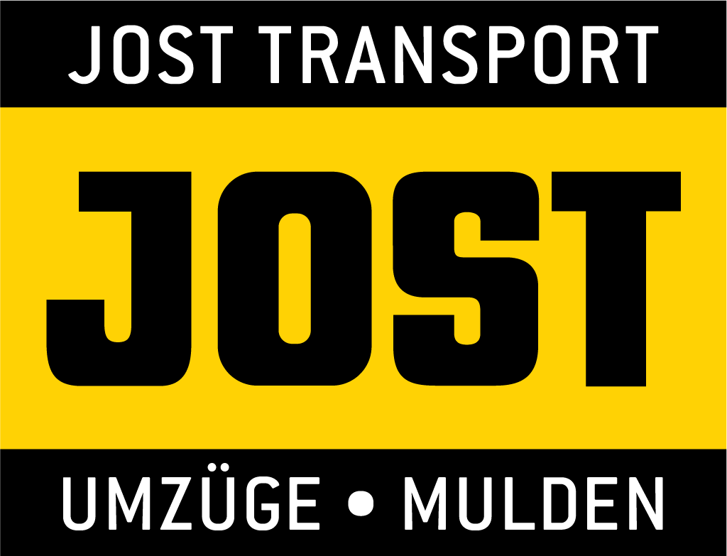 Logo von JOST TRANSPORT AG mit schwarzem Text auf gelbem Hintergrund, darunter die Worte 'UMZÜGE · MÜLDEN' in weiß auf schwarzem Hintergrund.