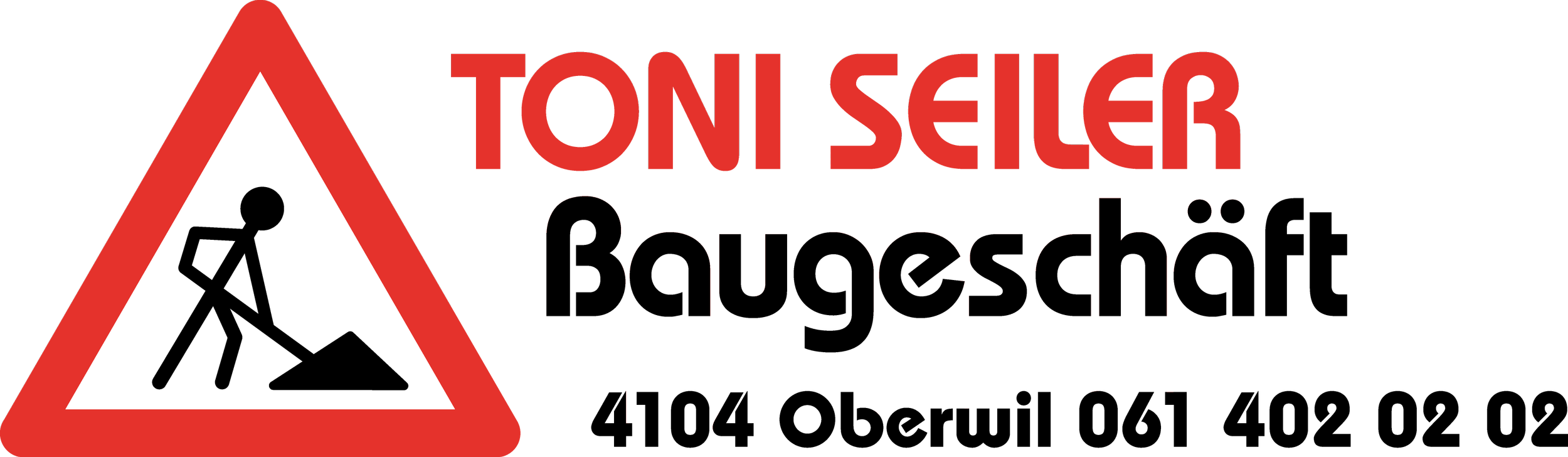 Logo von Toni Seiler Baugeschäft, Adresse "4104 Oberwil" und Telefonnummer "061 402 02 02", inklusive Baustellensymbol.