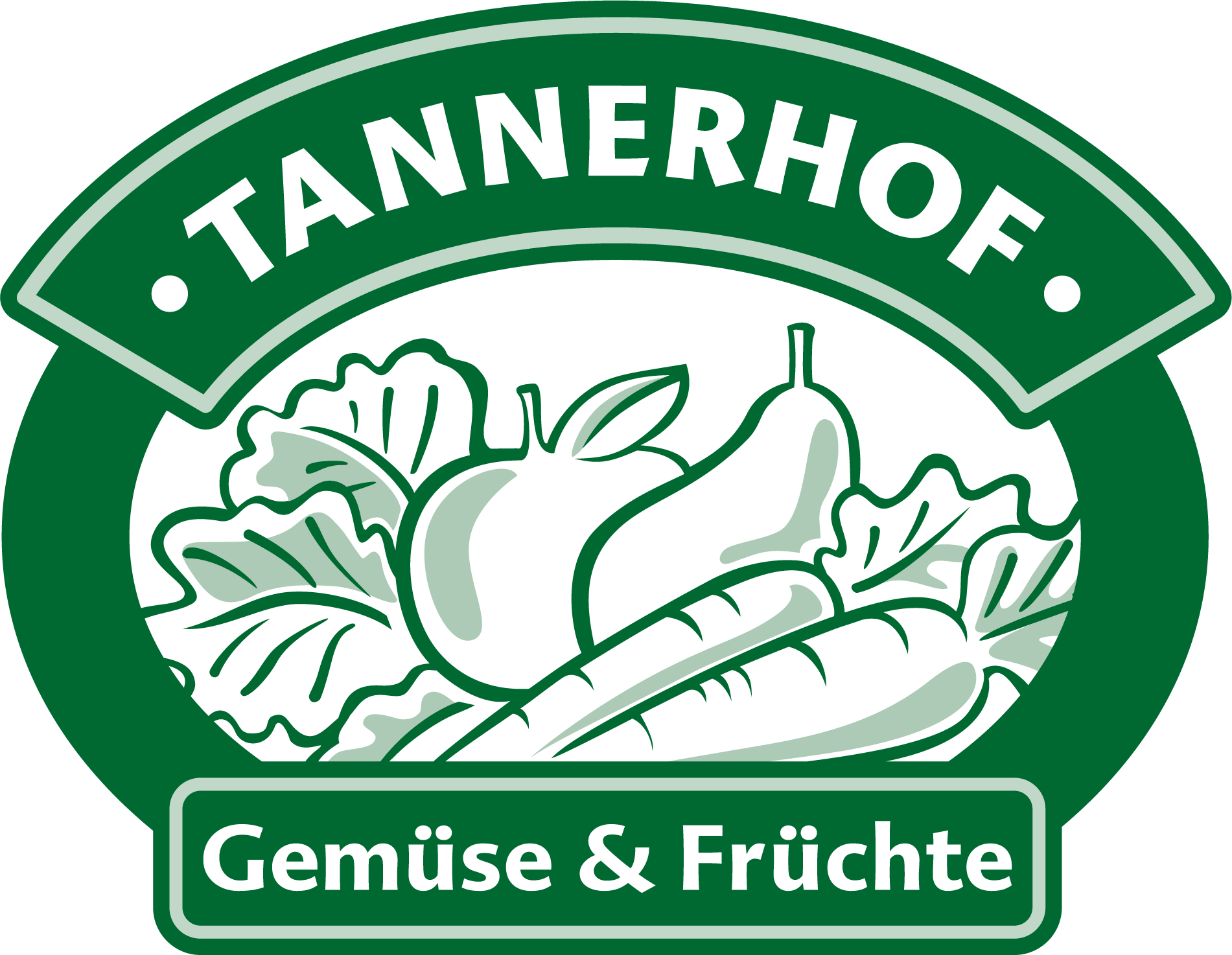 Logo des Tannenhofs mit Gemüse und Früchten in Grün- und Weisstönen, Text "Gemüse & Früchte".
