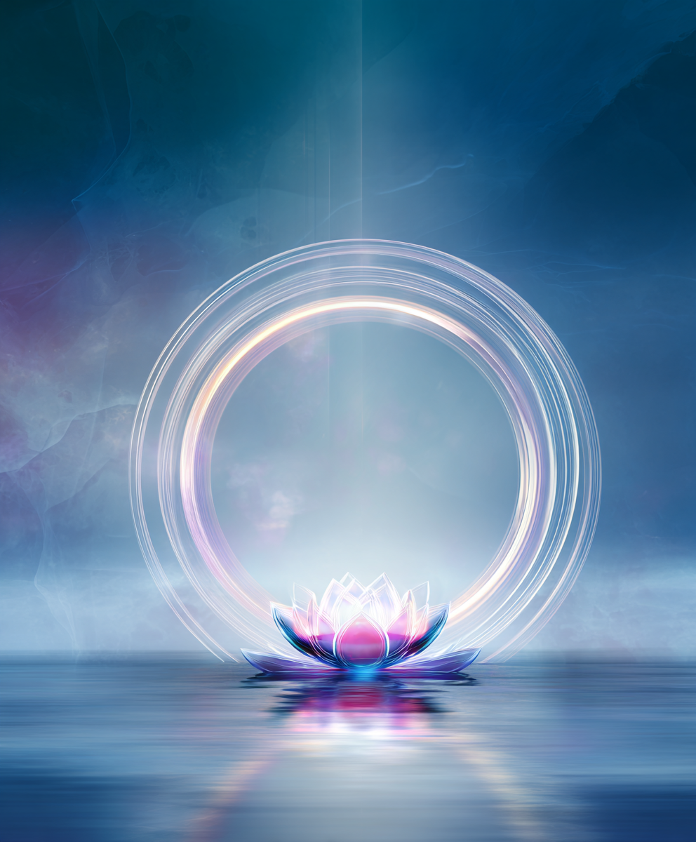 Digital artwork of a glowing lotus flower surrounded by luminous rings, reflected on water with abstract blue and purple background.