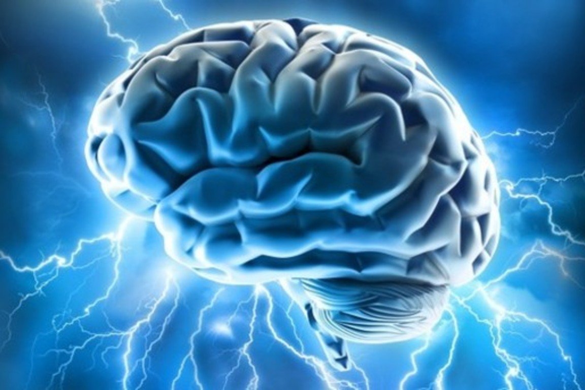 Digital illustration of a human brain with lightning bolts in the background, symbolizing intelligence or mental power.
