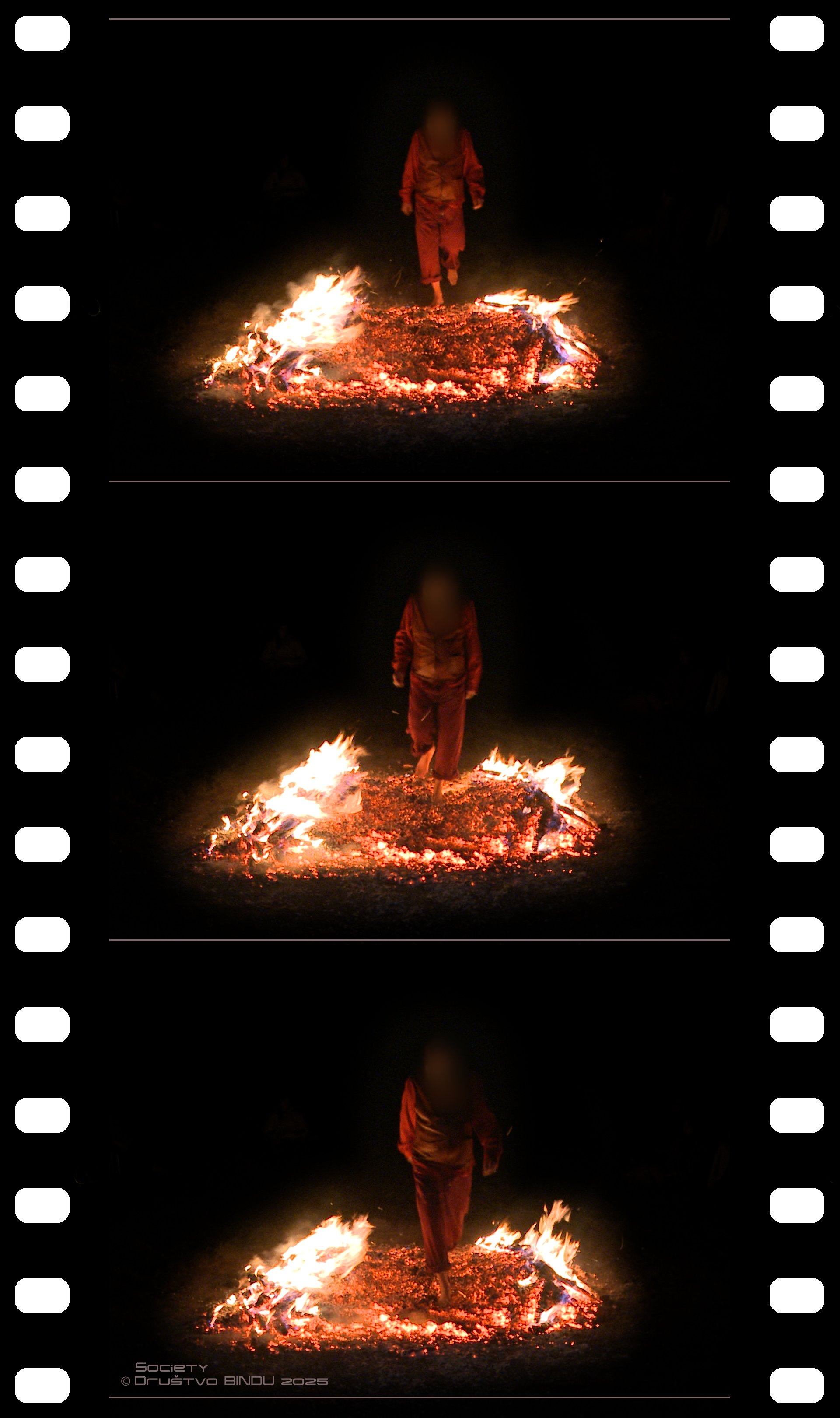 A person dressed in orange clothing walking barefoot on a fire circle during a nighttime firewalking event.