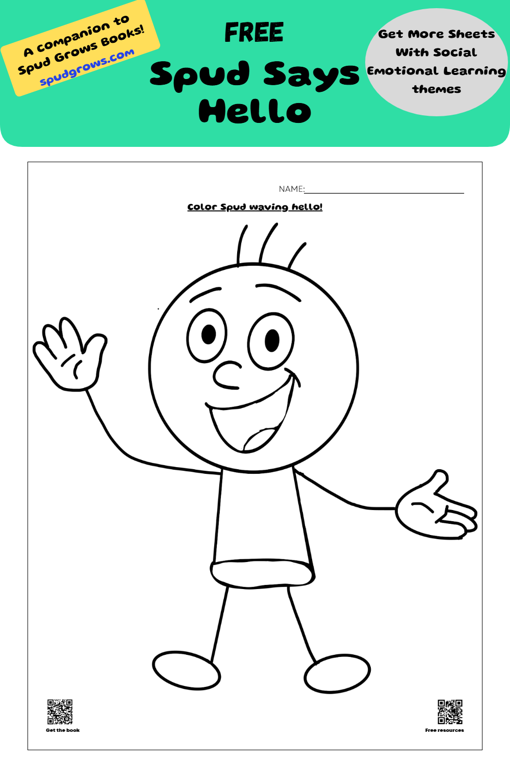 Spud Says Hello Coloring Page (Free Printable)
