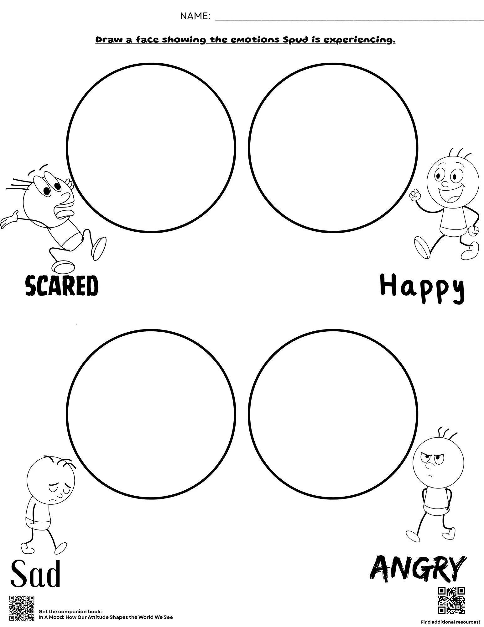 Free printable emotions worksheet where kids draw scared, happy, sad, and angry faces for Spud.