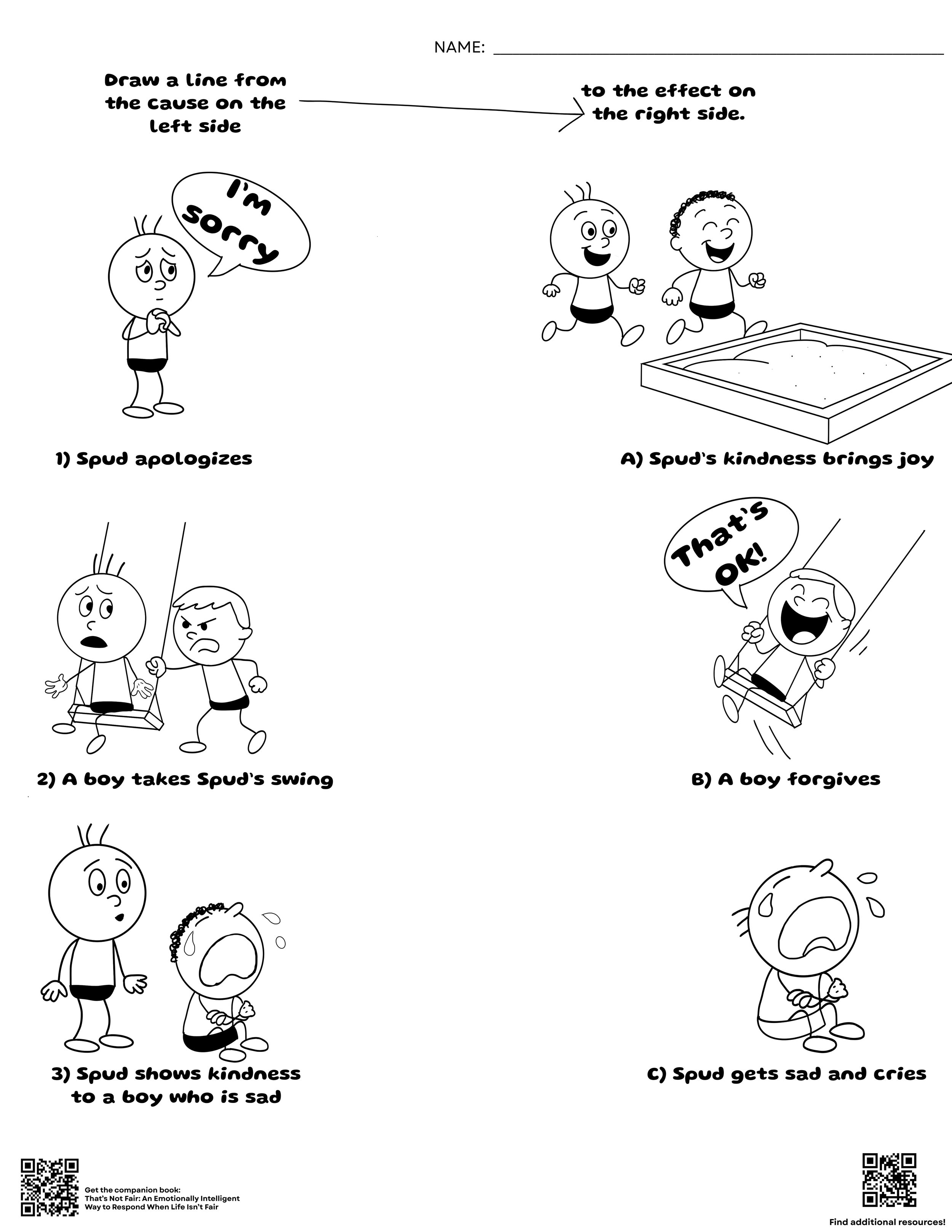 Free printable cause and effect worksheet where kids match Spud's actions to their results.