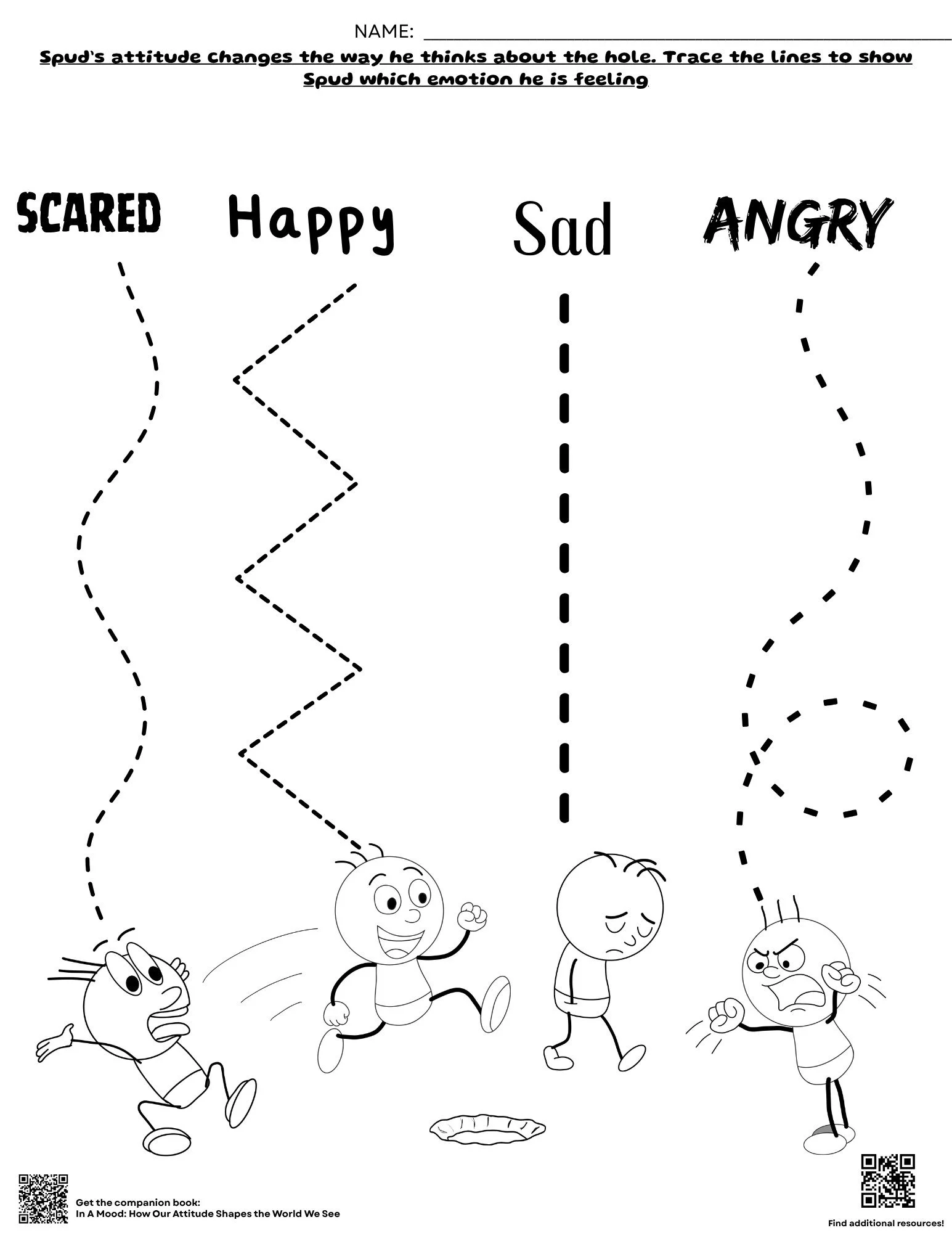 Free printable tracing worksheet where kids trace paths connecting Spud to scared, happy, sad, and angry.