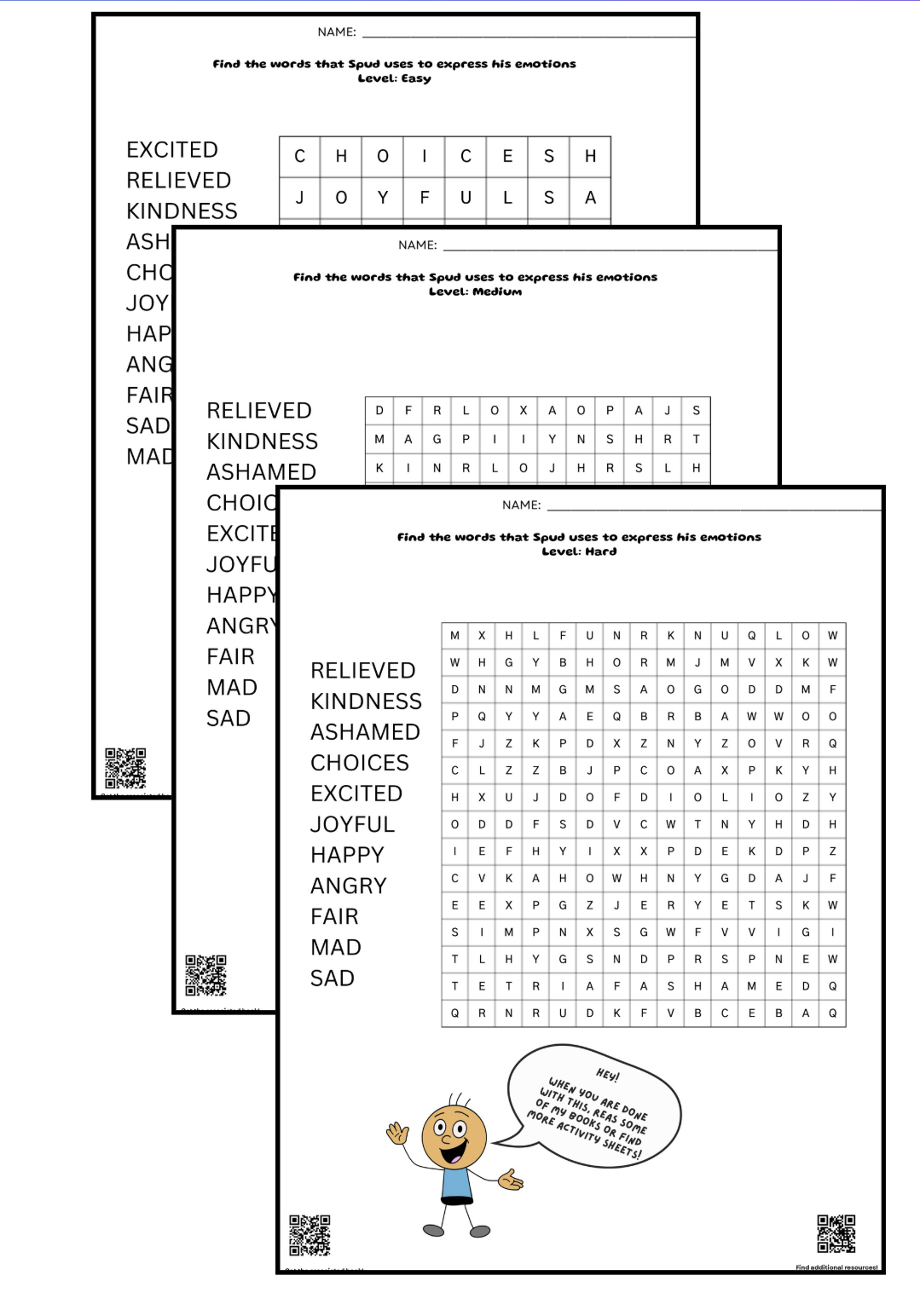 Free printable feelings word search puzzle with emotion words for kids at three difficulty levels.