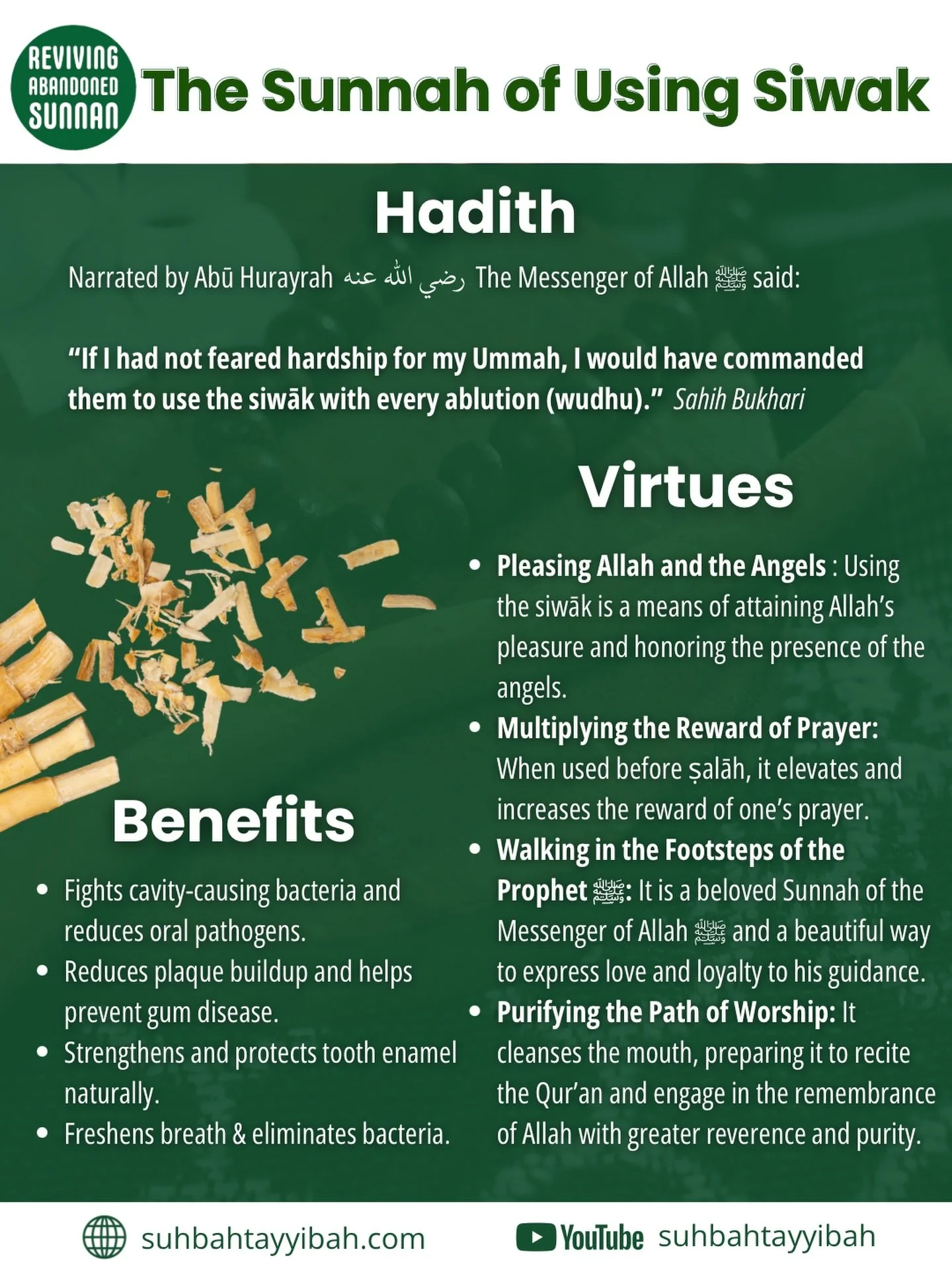 Join us on a journey to revive forgotten practices and embrace the habits of the best of creation, our Prophet ﷺ. 🌿
This series is about picking up the small Sunnahs that carry immense reward &mdash; like the siwāk &mdash; and learning how to incorp