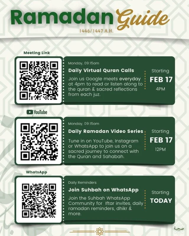 Ramadan with Suhbah &mdash; Your Daily Guide to Stay on Track 🌙
This Ramadan, don&rsquo;t walk the journey alone.
We&rsquo;ve created a simple, intentional guide to help you stay connected &mdash; to the Qur&rsquo;an, to reflection, and to good comp