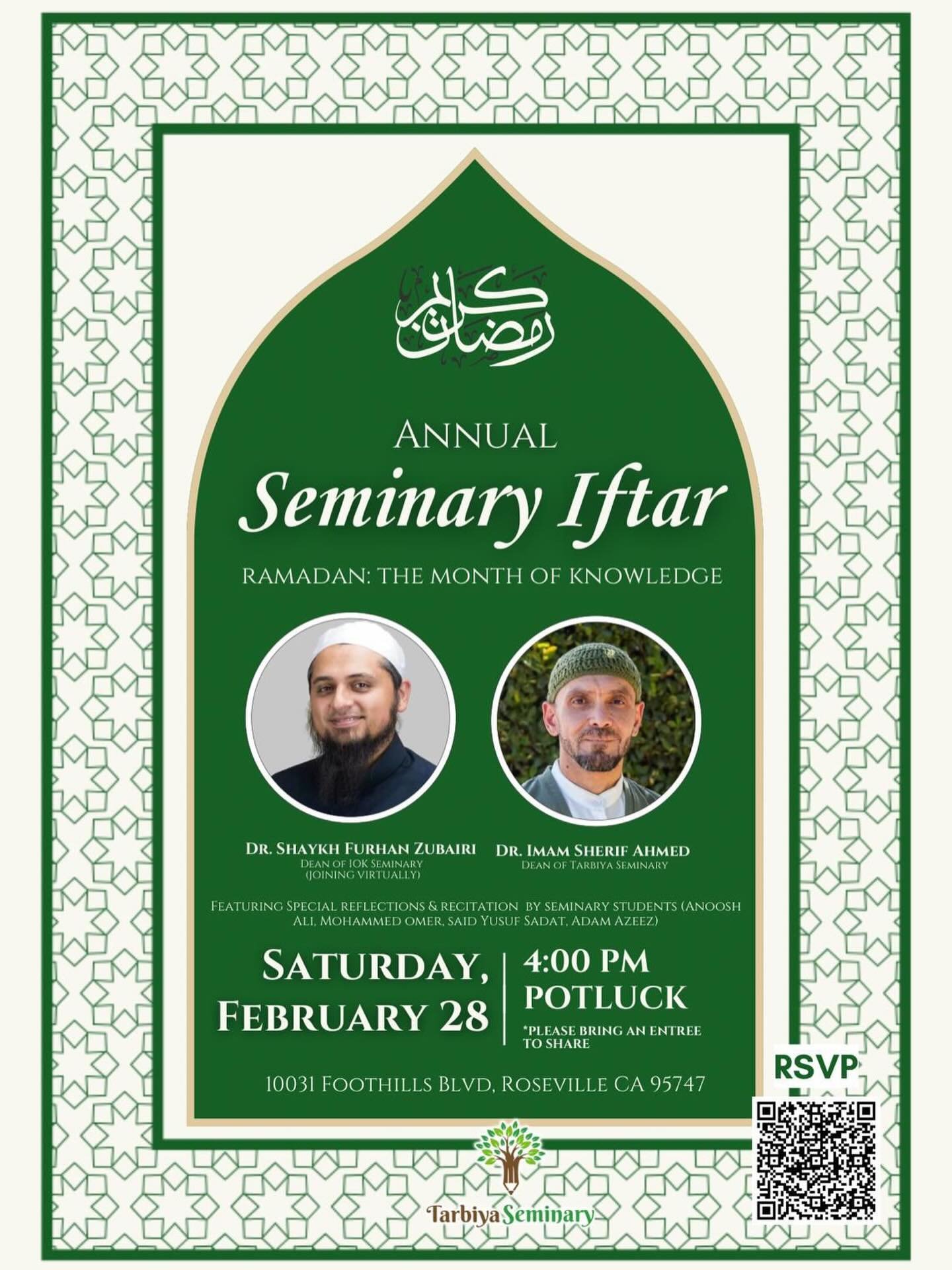 Tonight, I look forward to breaking my fast with our Seminary community. A community built on knowledge and only knowledge. A community that came together to learn and to spread beneficial knowledge for the sake of Allah جل وعلا. This is a gathering 