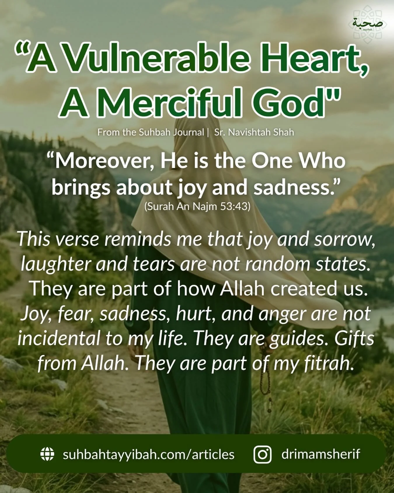 New reflection up on the Suhbah Tayyibah site ✨ By Sr. Navishtah Shah

A reminder that being &ldquo;regulated&rdquo; doesn&rsquo;t mean suppressing what we feel &mdash; it means learning how to sit with our emotions, understand them, and respond with