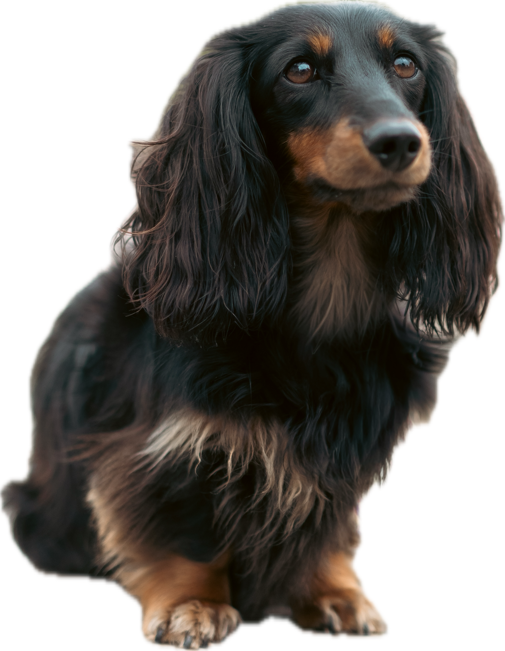 Zittende langharige dachshund met zwart en bruin vacht, grote oren en grote donkere ogen.