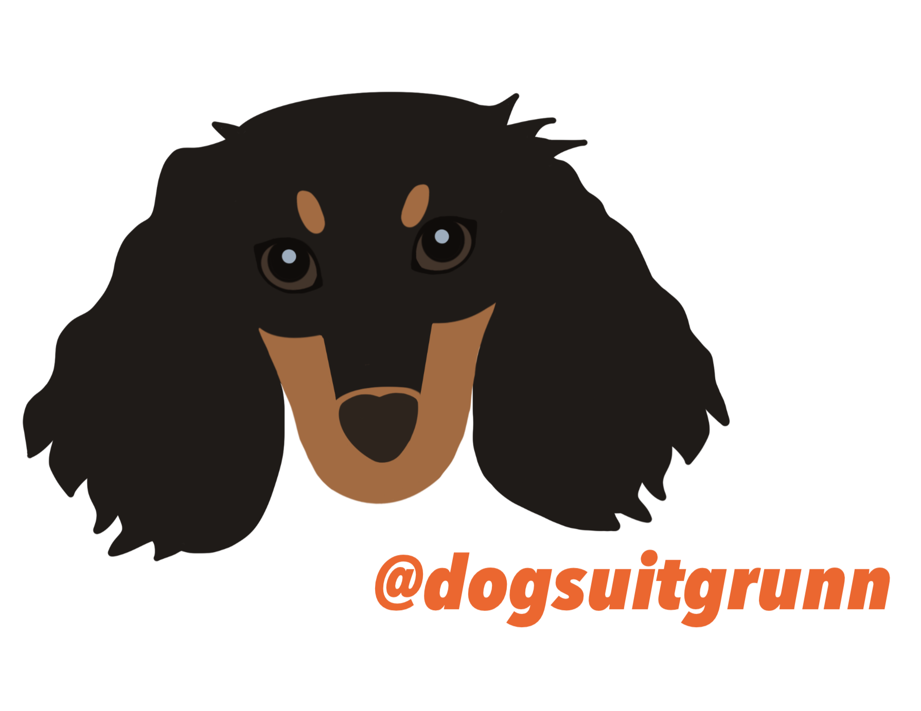 Een cartoon afbeelding van een tekening van een zwart-bruine hond met lange, golvende oren en heldere ogen, met de tekst '@dogshingund' onderaan.