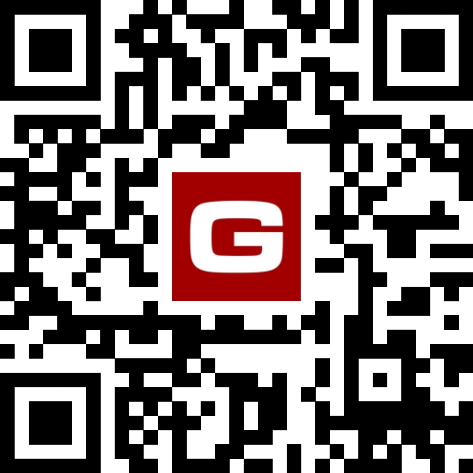 QR code with a red background and a white letter 'G' in the center.